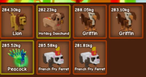 (Level up ur Pet 1 -500)1x Peacock + 2x Griffin + Hotdog + 1x Lion + 2 Ferret // All 280kg+