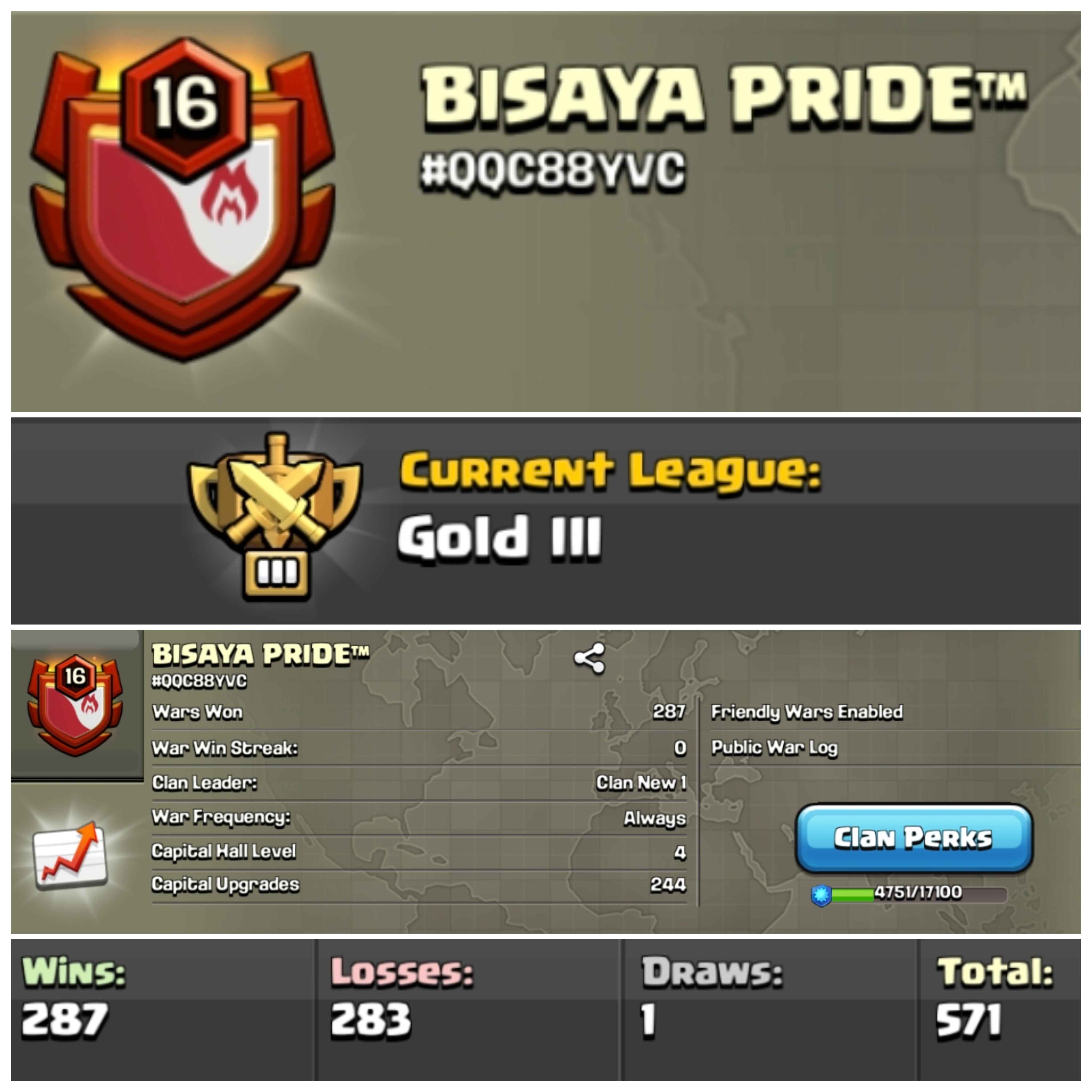 Lvl 16 Clan | BISAYA PRIDE | Gold League 3 | Wins 287 Losses 283 | Clan Capital 4 | Value for Money Deal!