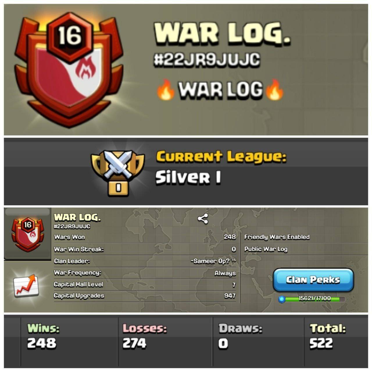 Lvl 16 Clan🔥Name - WARLOG🔥Silver League 1🔥Wins 248 Losses 274🔥Clan Capital 7🔥Value for Money Deal!