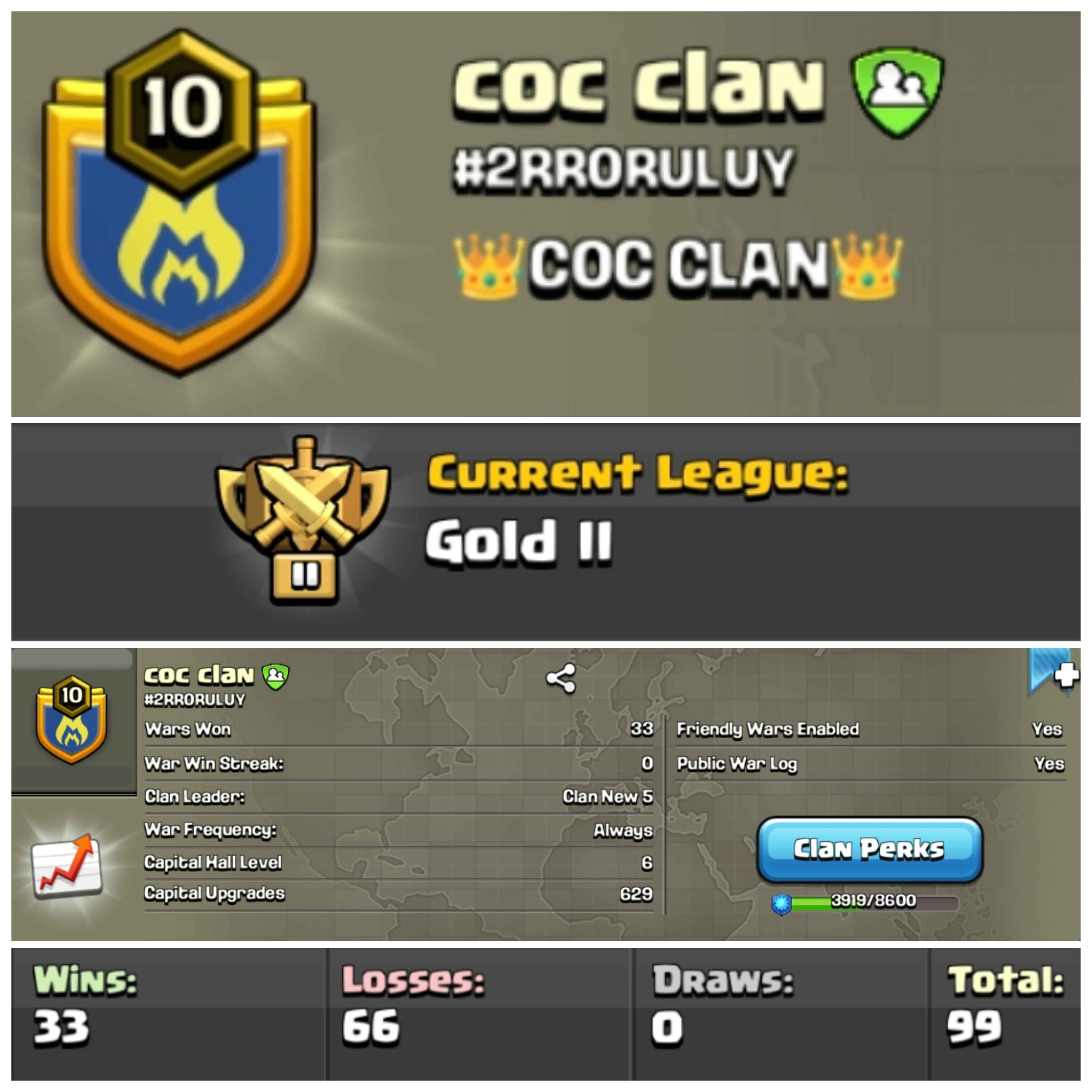 Lvl 10 Clan | Name - coc clan | Gold League 2 | Wins 33 Losses 66 | Clan Capital 6 | Value for Money Deal!