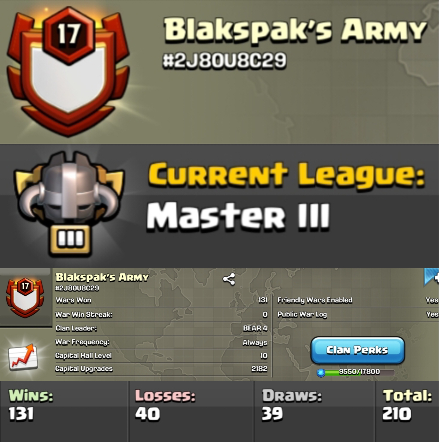 Level 17 clan || clan capital 10 || master 3 || warlog 131-40 || name - Blackspak's Army