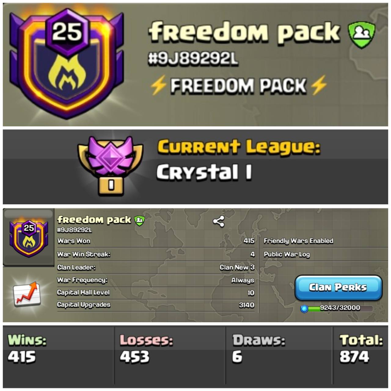 freedom pack Lvl 25 Clan | Crystal League 1 | Wins 415 Losses 453 | Clan Capital 10 | Value for Money Deal!