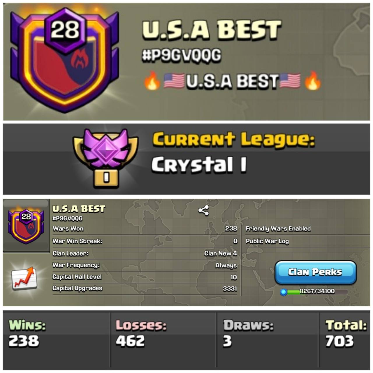 🔥U.S.A BEST🔥Max Clan Capital 10🔥Lvl 28 Clan🔥 Crystal League 1🔥Good Warlog🔥Grab this deal Fast!