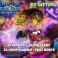 ✨ 2x Money + 2x Mastery + 2x Drop Chance + Fast Boats ✨ ➝ 1600 Robux Value ➝ By Gifting ⚡ ➝ Blox Fruits