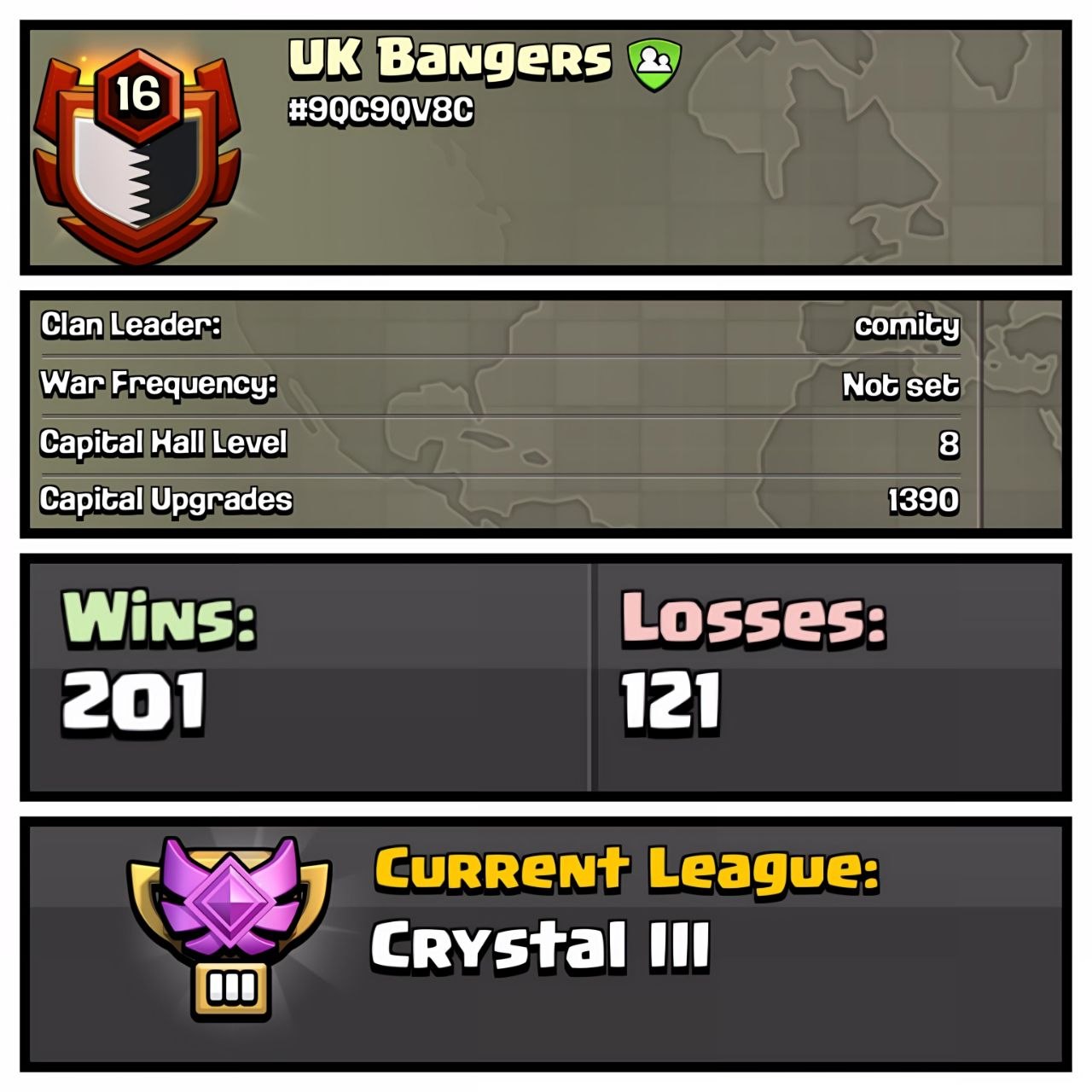 🔥 UK BANGERS ☠️ LVL16 | 🏆 201-121 War Wins | 💎 Crystal III | CC-8⚡
