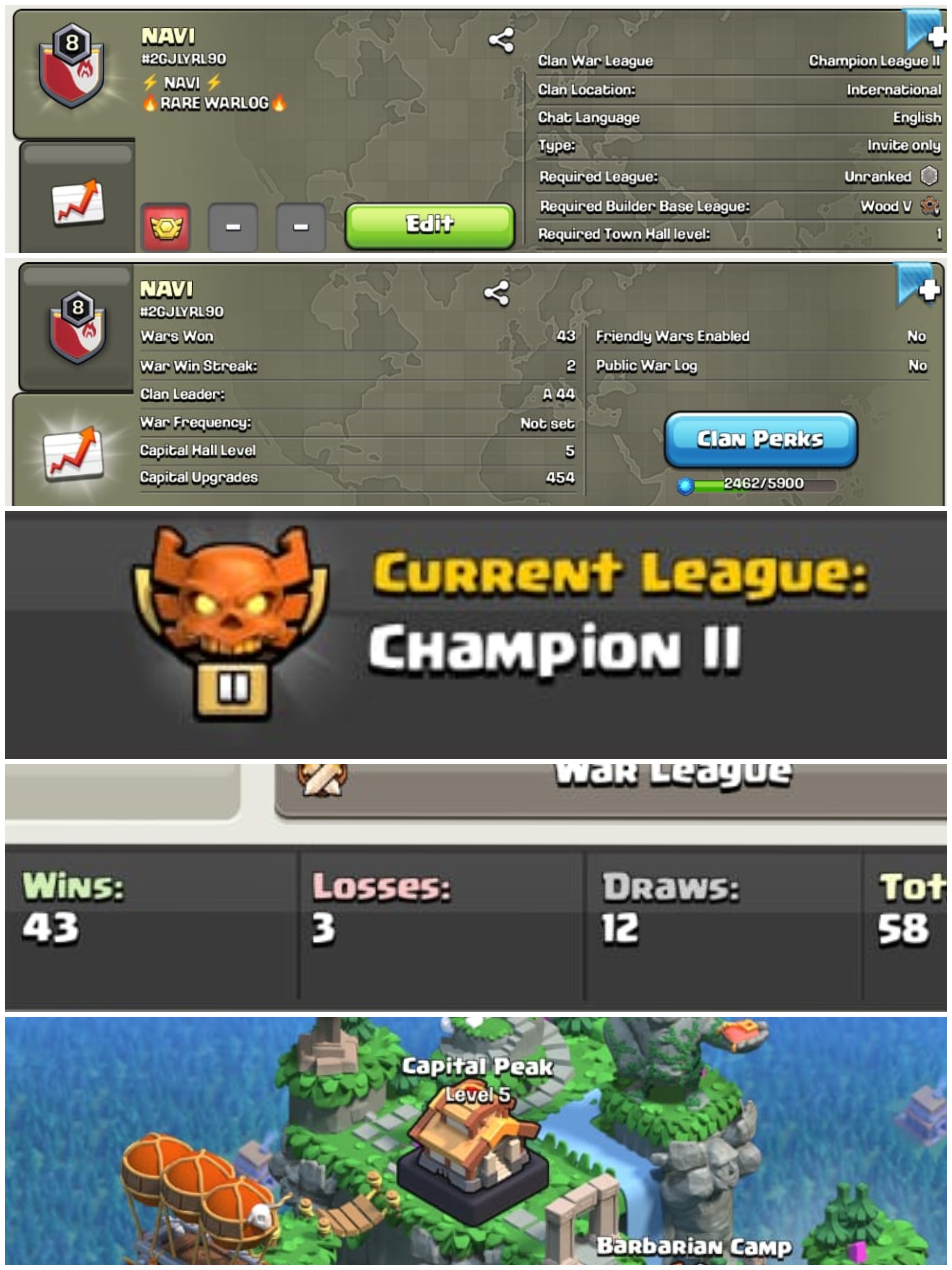 ➤CLAN LEVEL 5➤ CHAMPION LEAGUE 2➤NAME: NAVI➤ RARE ENGLISH NAME ➤ CLAN CAPITAL 5|| WIN-43  | LOSS- 3➤LOW PRICE