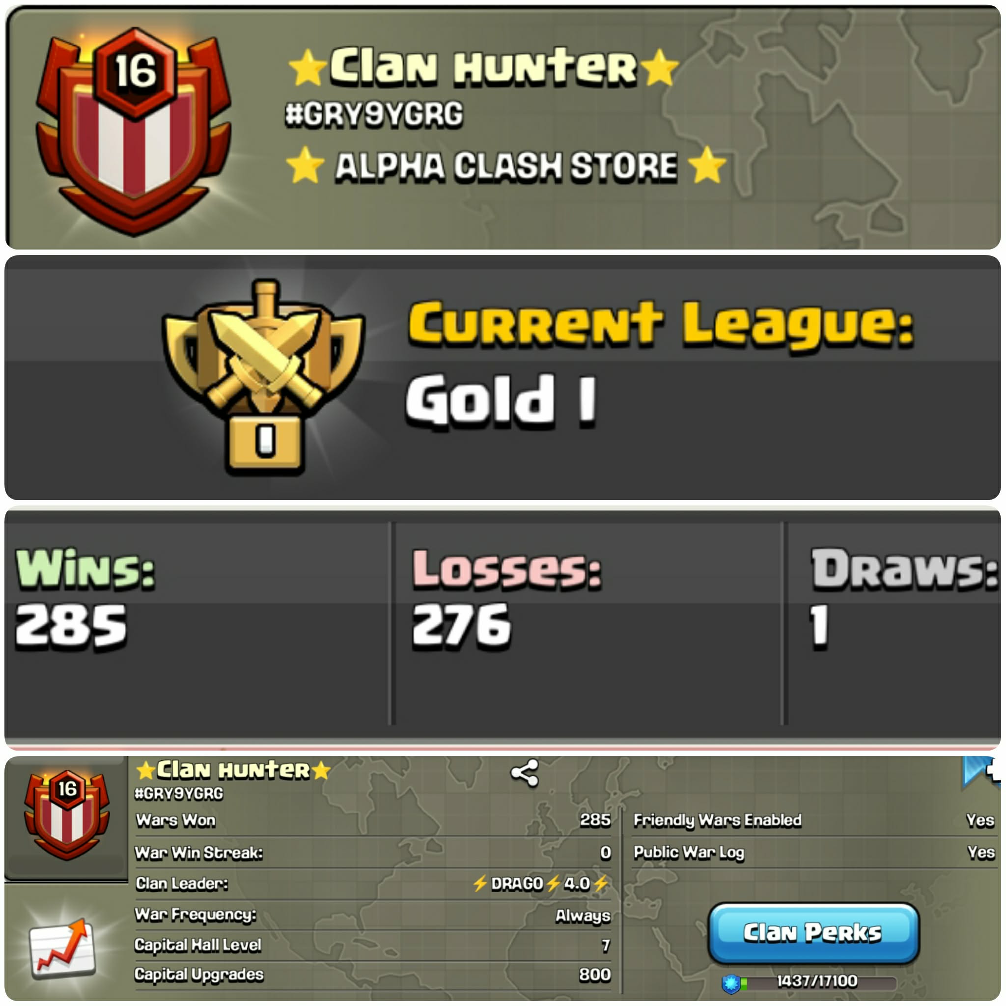 ➤CLAN LEVEL 16➤GOLD  LEAGUE 1➤NAME: Clan Hunter ➤ RARE ENGLISH NAME ➤ CLAN CAPITAL 7|| WIN- 285 | LOSS-276 ➤LOW PRICE