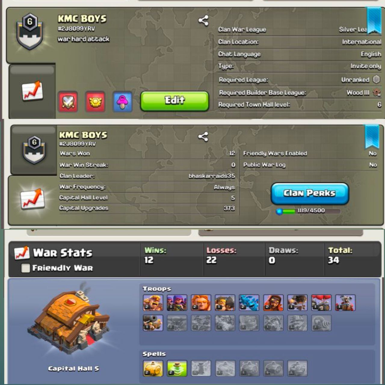 (BV) (YEAR END OFFER) COOL NAME - KMC BOYS | CHEAPEST LEVEL 6 CLAN | SILVER | CC 5 | 1119 POINTS | 12 WINS - 22 LOSSES | CHEAP PRICE | INSTANT DELIVERY