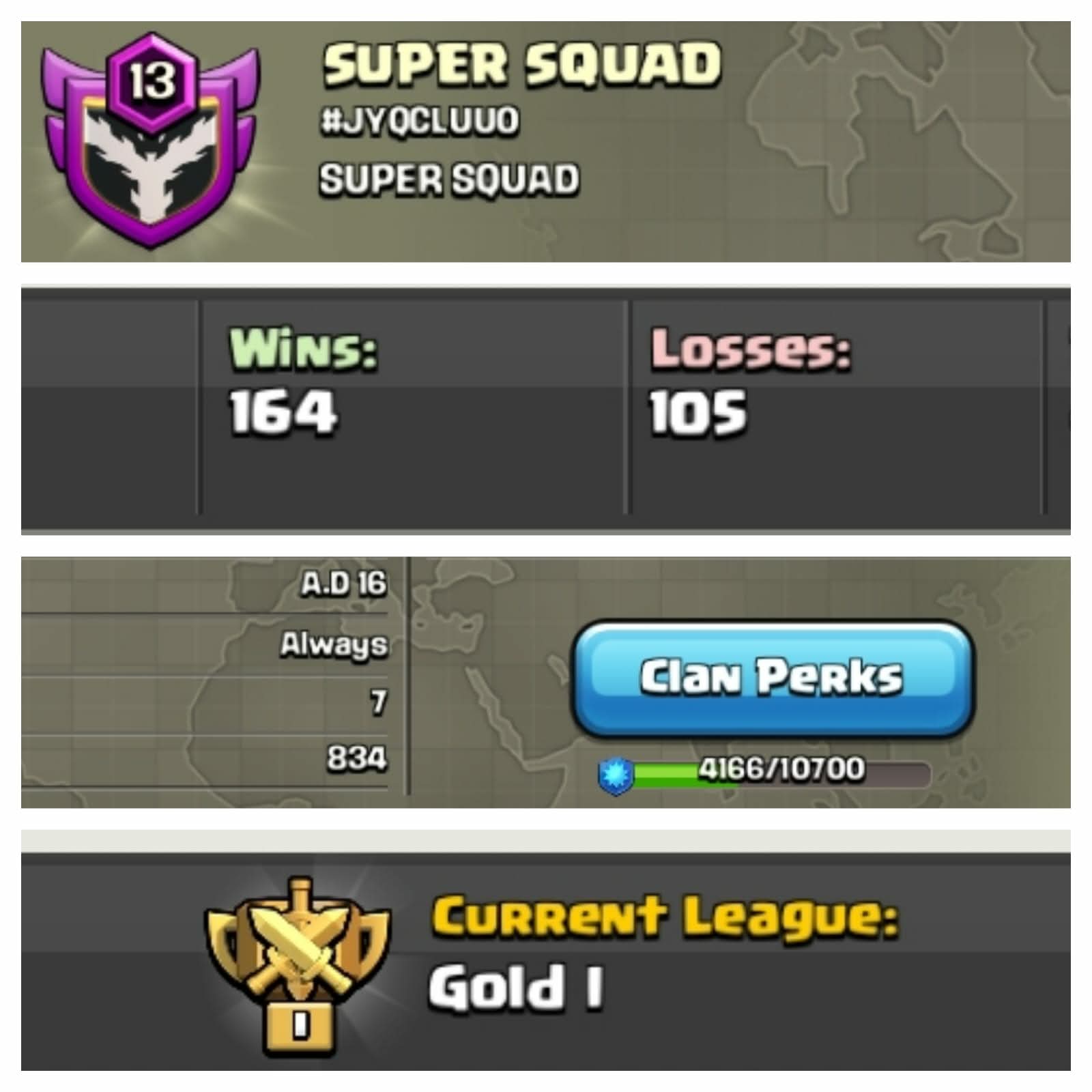 ➤CLAN LEVEL 13 ➤ GOLD LEAGUE 1➤NAME: SUPER SQUAD ➤ RARE ENGLISH NAME ➤ CLAN CAPITAL 7|| WIN- 164 | LOSS-105 ➤LOW PRICE