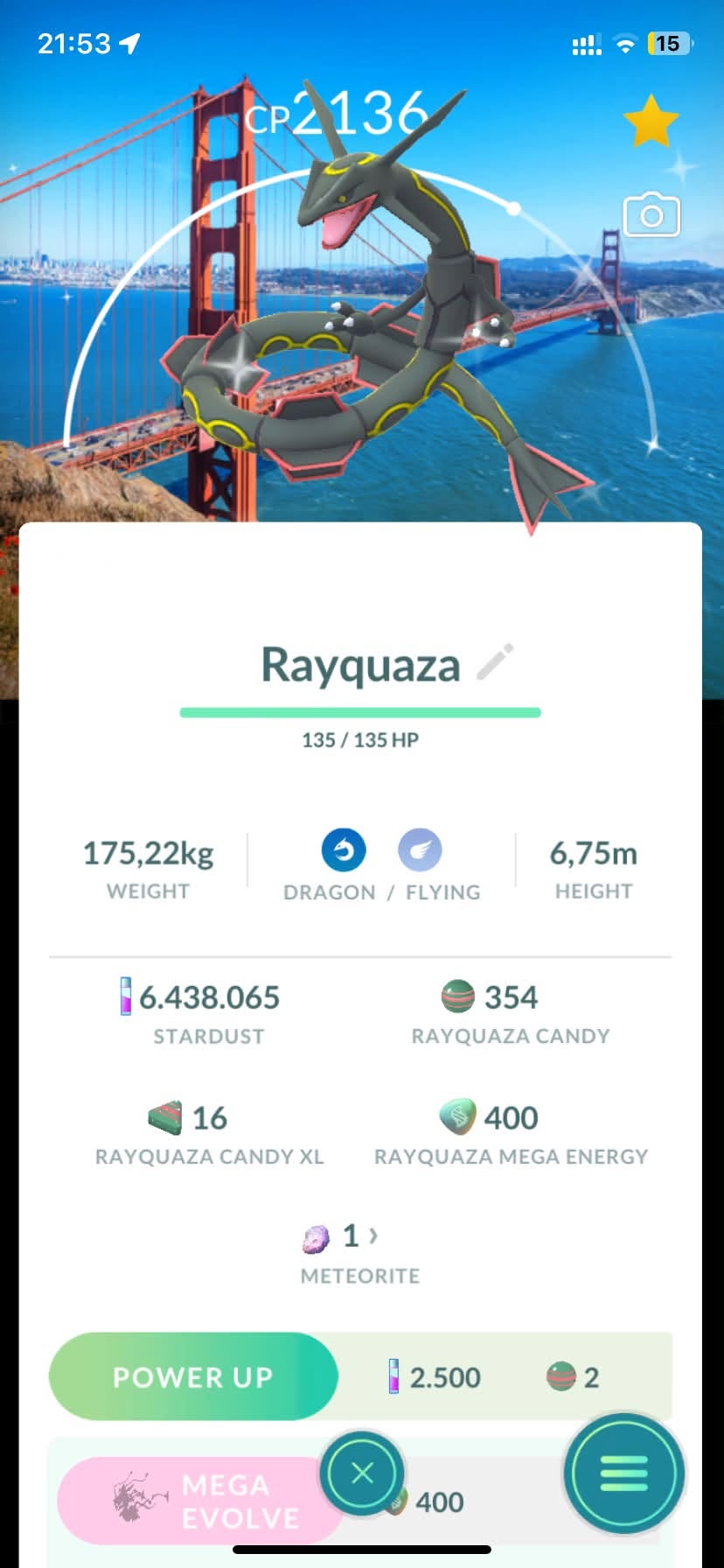 POKEMON GO - Shiny Rayquaza with San Francisco Background TRADE 20K or 1mil Stardust ,
