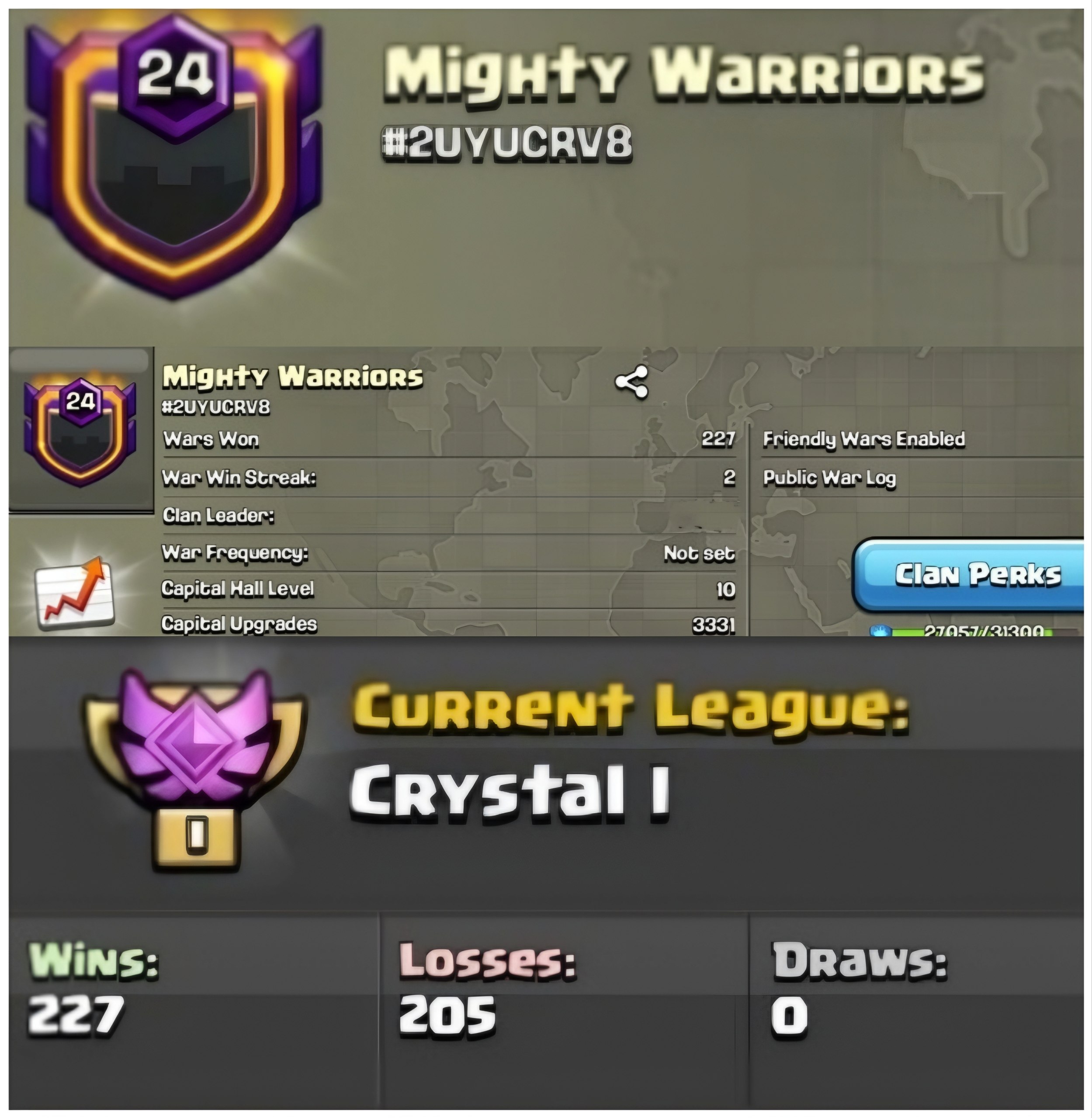 LVL 24 || Mighty Warriors || MAXED CC-10🚀 || 3331 UPGRADES 💀 || CRYSTAL 1 💖 || WARLOG 227-205 😋 || PURE ENG NAME📛