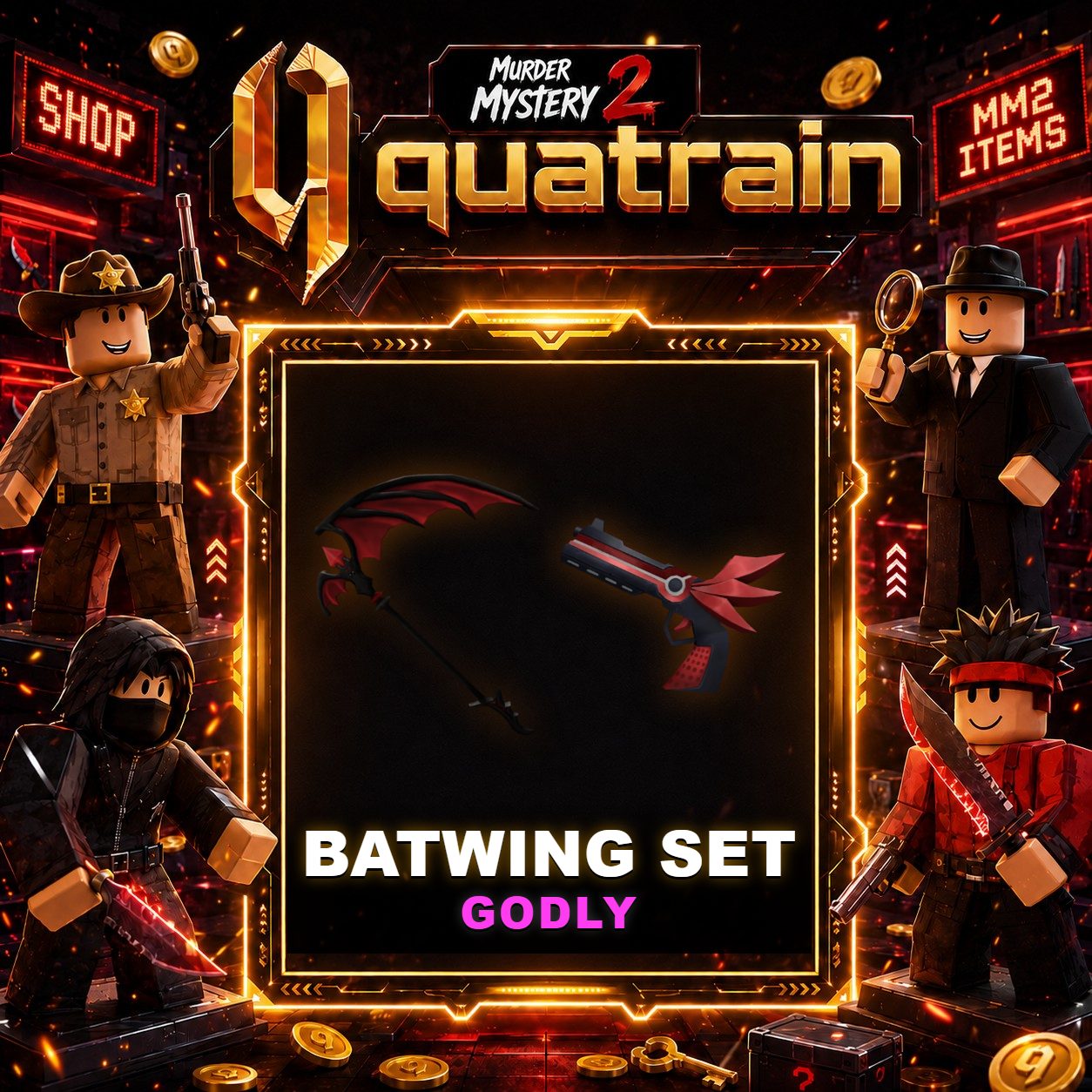 🔪🩸 Batwing Knife + Darkbringer Gun 🩸🔪 Batwing Set | Murder Mystery 2 👥