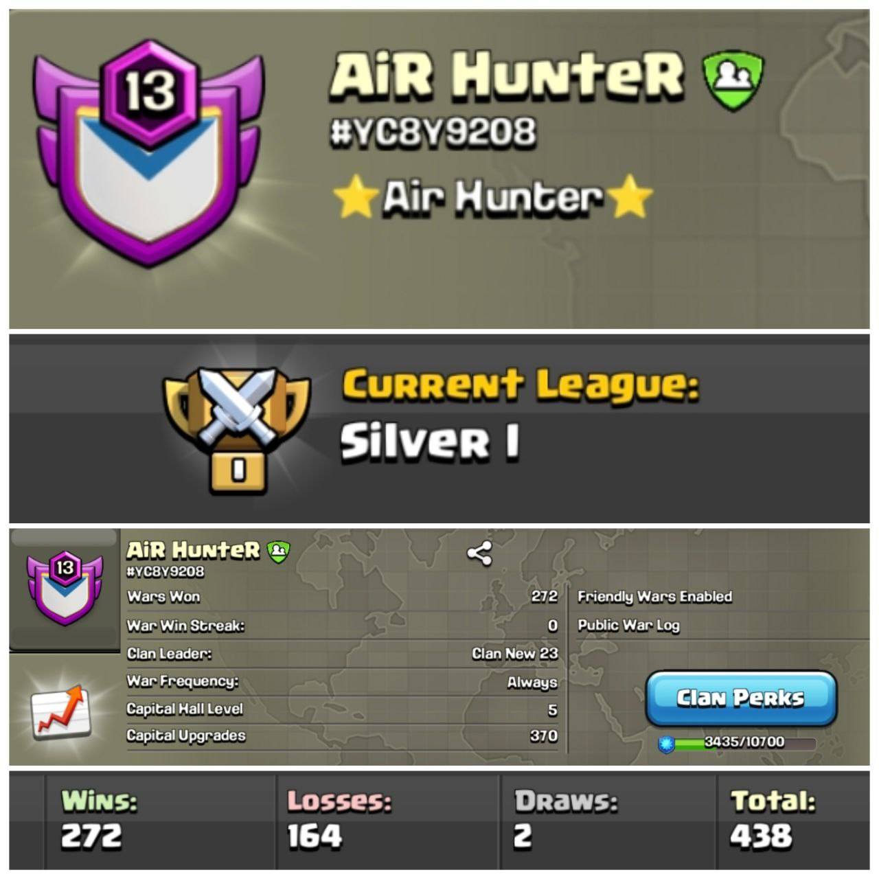 Lvl 13 Clan | Name - Air Hunter | Silver League 1 | Wins 272 Losses 164 | Clan Capital 5 | Value for Money Deal!