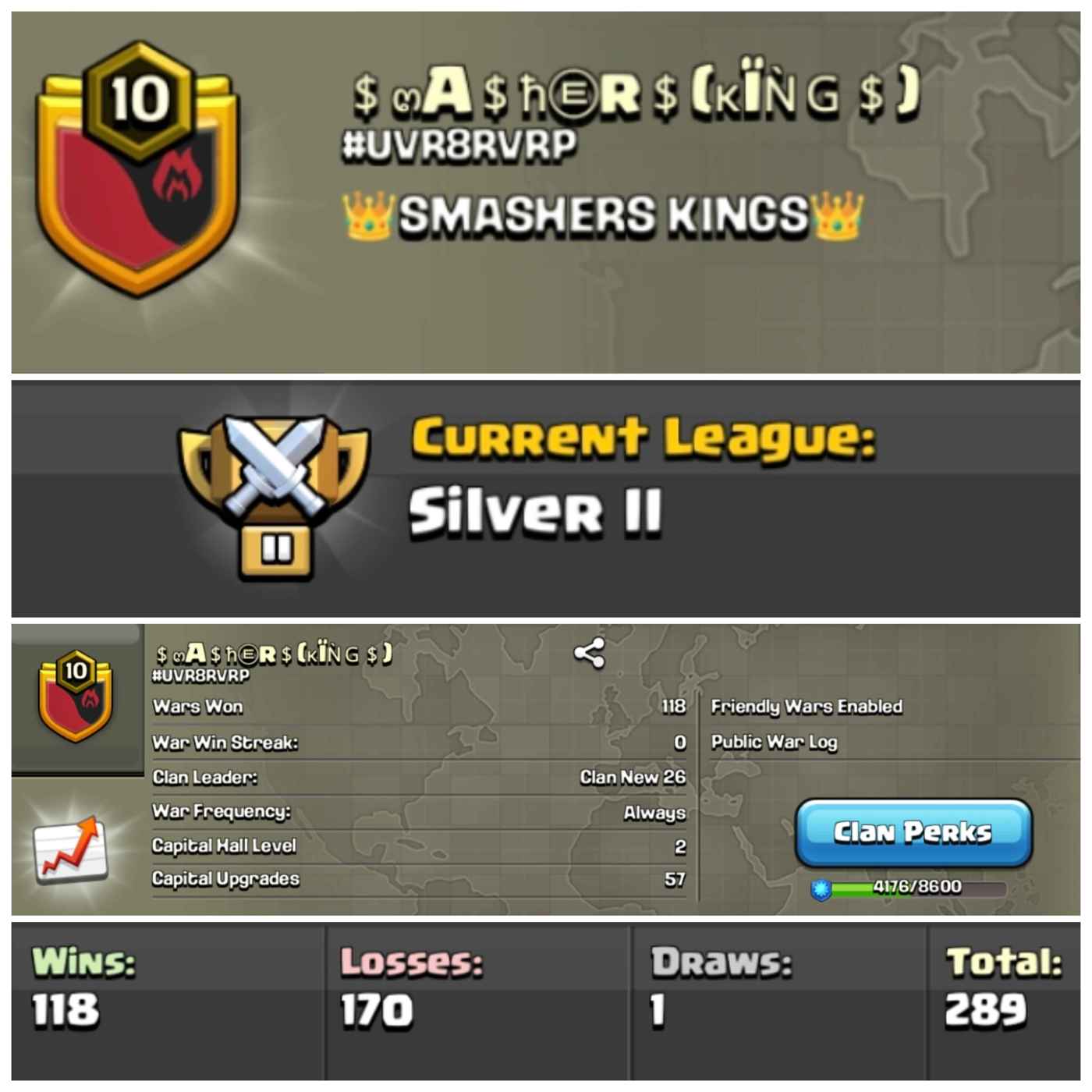 Lvl 10 Clan | Name - SMASHERS KINGS | Silver League 2 | Wins 118 Losses 170 | Clan Capital 2 | Value for Money Deal!