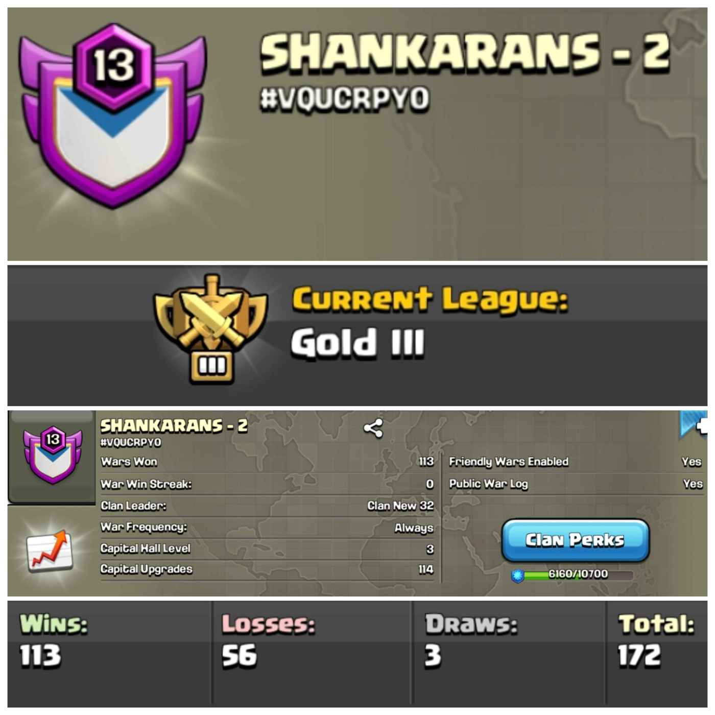 Lvl 13 Clan | SHANKARANS | Gold League 3 | Wins 113 Losses 56 | Clan Capital 3 | Value for Money Deal!