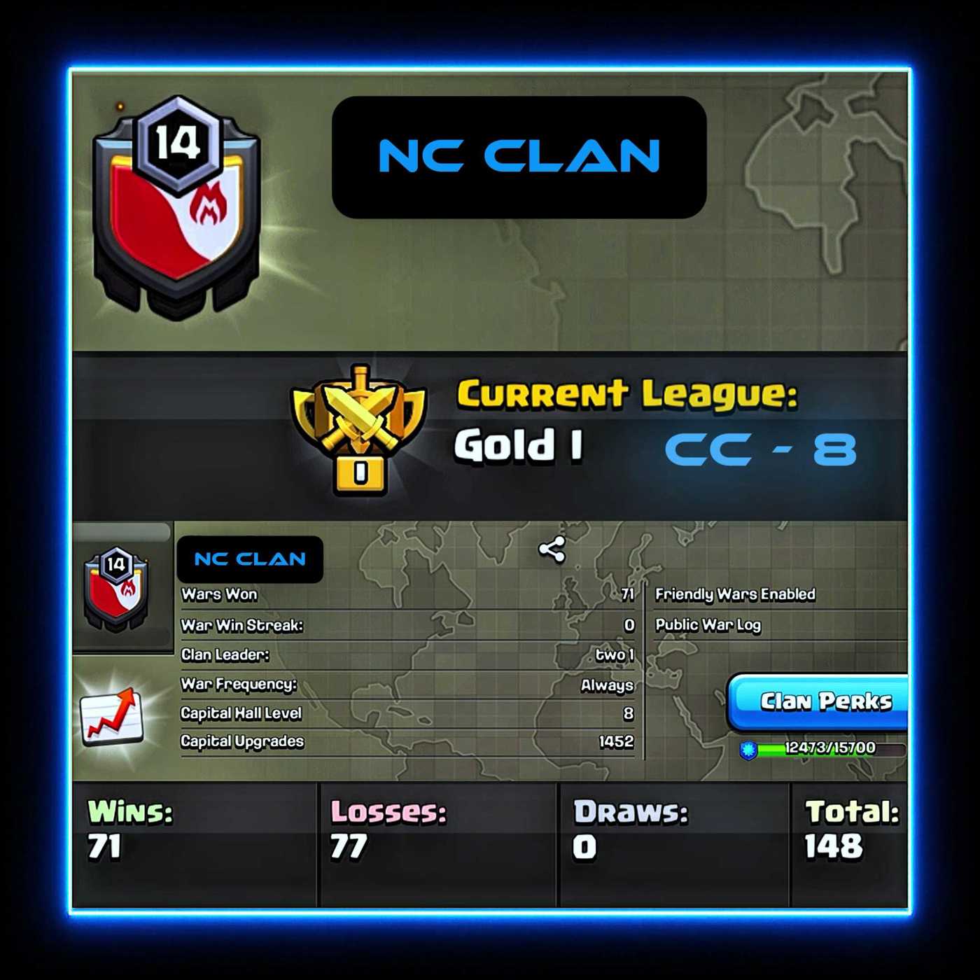 Lvl 14 Name Change Clan | Buyer's Choice Name | Gold League 1 | Wins 71 Losses 77 | Clan Capital 8 | Value for Money Deal!