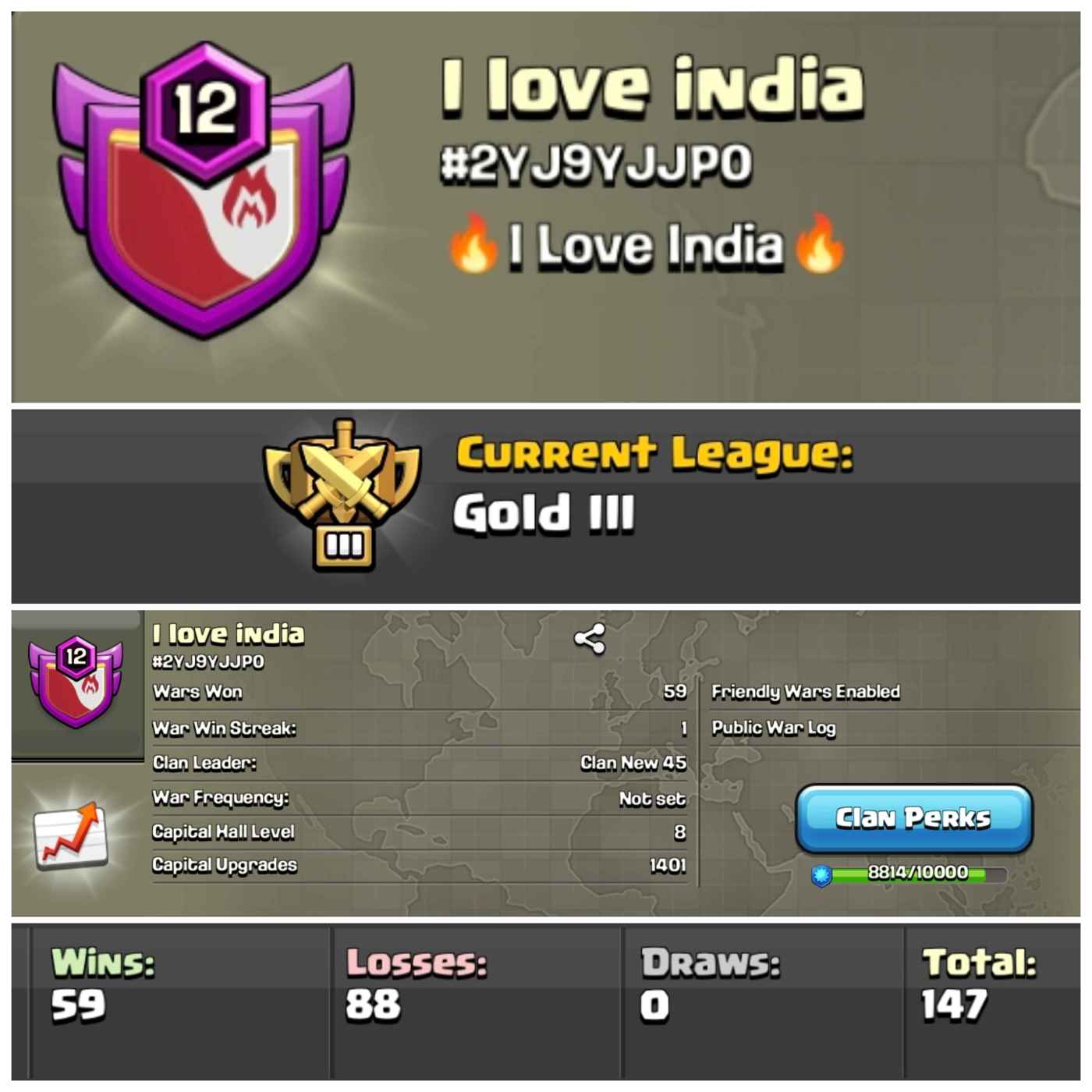 Lvl 12 Clan | Name - i love india |Gold League 3 | Wins 59 Losses 88 | Clan Capital 8 | Value for Money Deal!