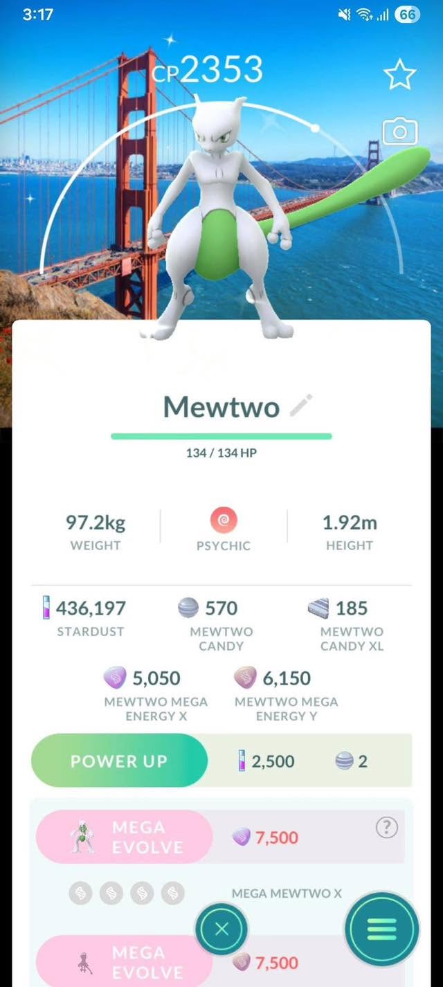 POKEMON GO - Shiny Mewtwo with San Francisco Background TRADE 20K or 1mil Stardust ,
