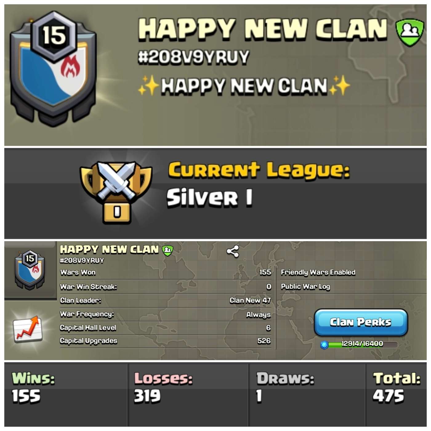 Lvl 15 Clan | Name - HAPPY NEW CLAN | Silver League 1 | Wins 155 Losses 319 | Clan Capital 6 | Value for Money Deal!