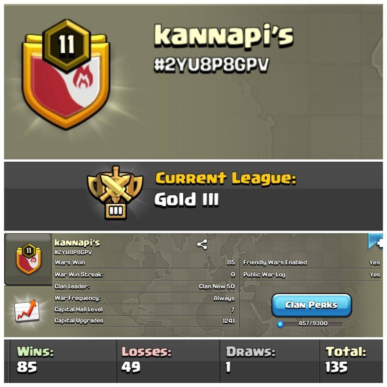 [CHEAPEST] Lvl 11 Clan | Gold League 3 | Wins 85 Losses 49 | Clan Capital 7 | Value for Money Deal!