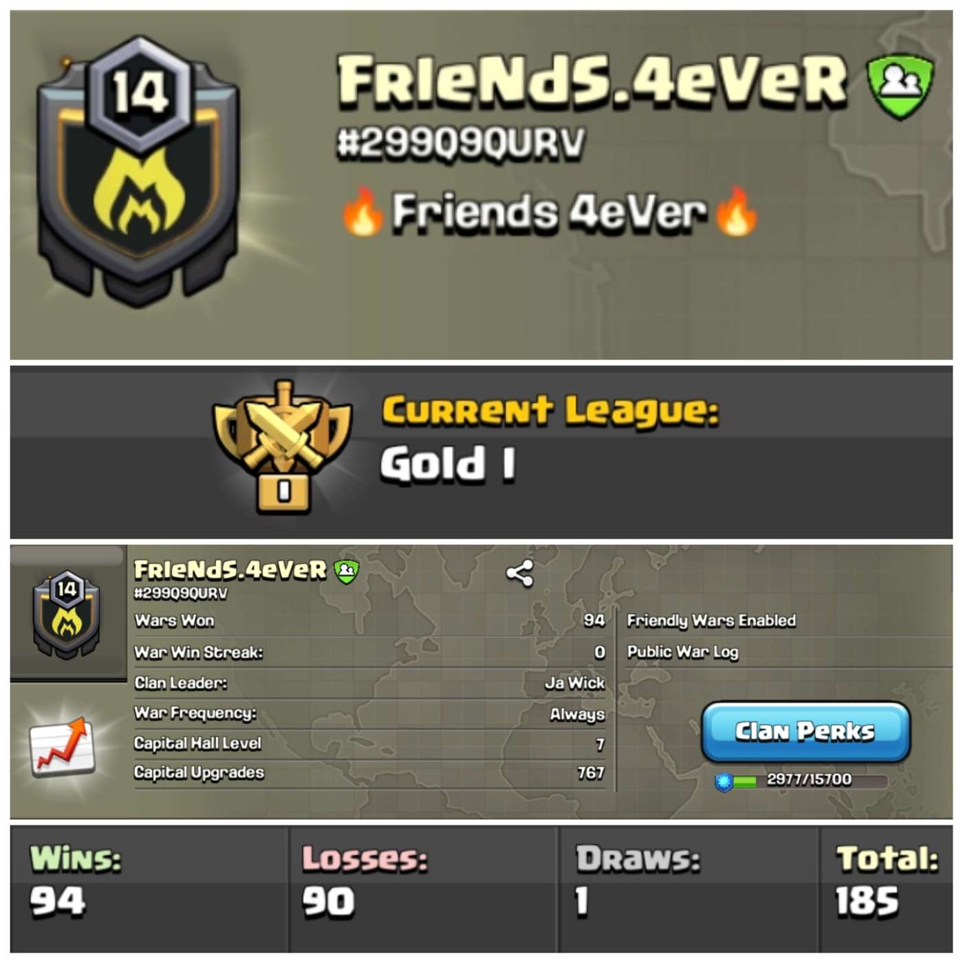 Lvl 14 Clan | Name - Friends4ever |Gold League 1 | Wins 94 Losses 90 | Clan Capital 7 | Value for Money Deal!