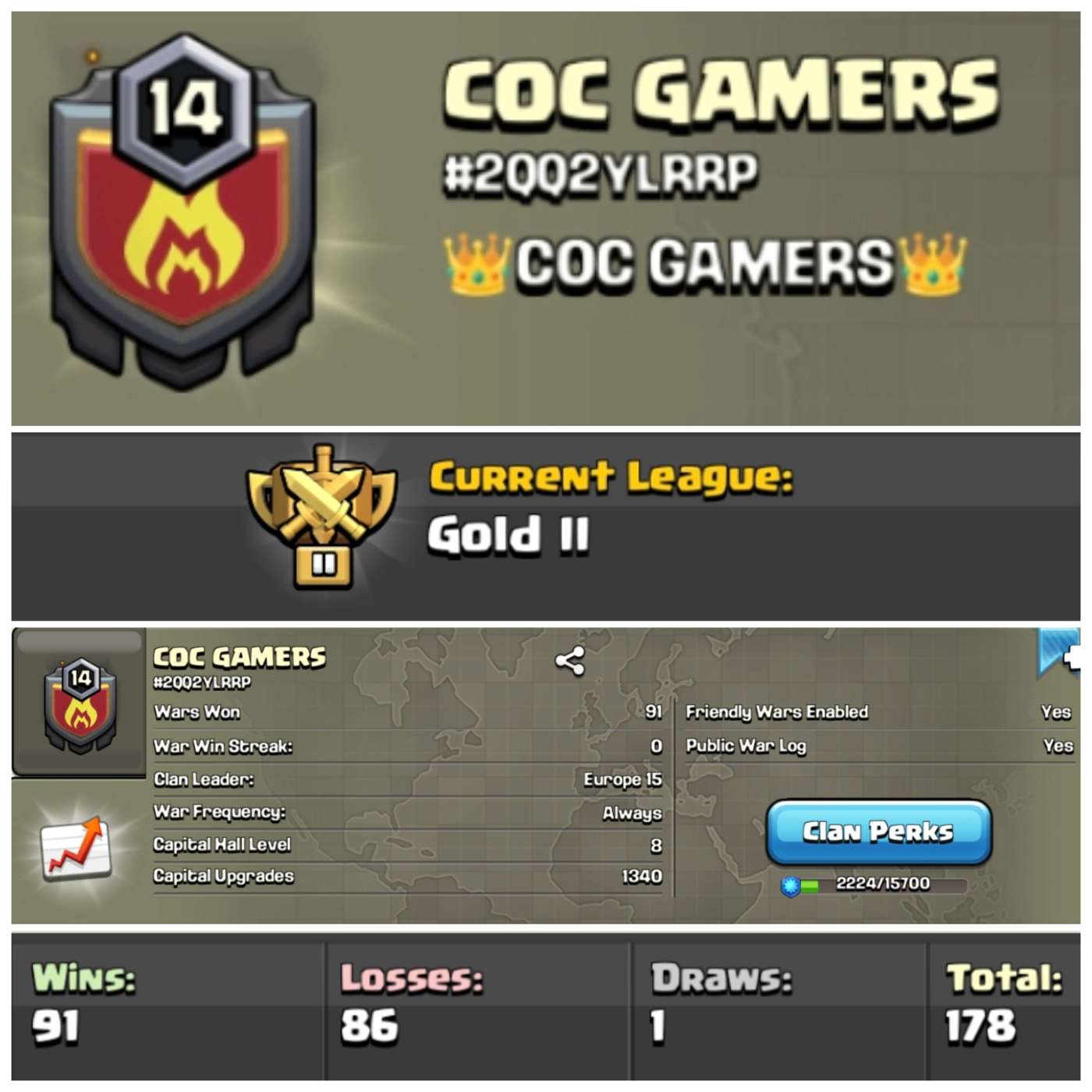 Lvl 14 Clan | Name - COC GAMERS | Gold League 2 | Wins 91 Losses 86 | Clan Capital 8 | Value for Money Deal!