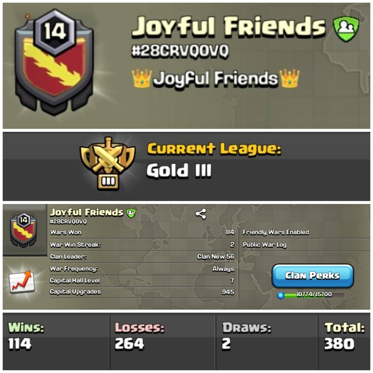 Lvl 14 Clan | Name - Joyful Friends | Gold League 3 | Wins 114 Losses 264 | Clan Capital 7 | Value for Money Deal!