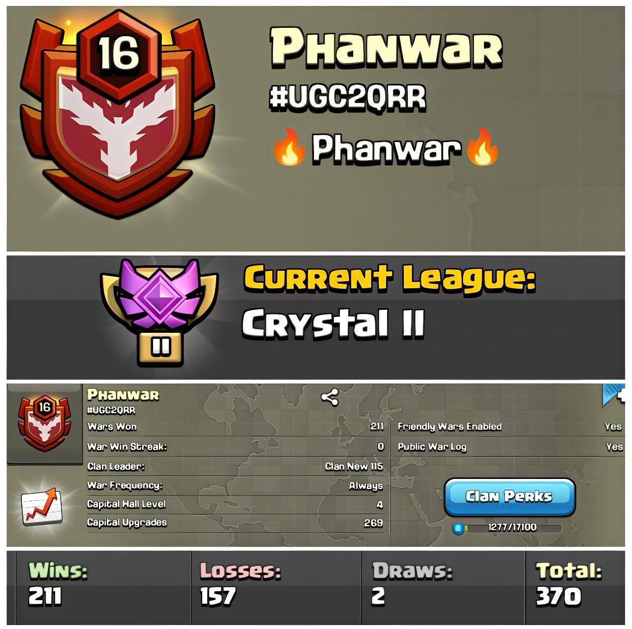 💥Phanwar💥Level 16💥Crystal League 2💥War log {211:157}💥Capital Hall 4💥Value For Money💥Fast Delivery