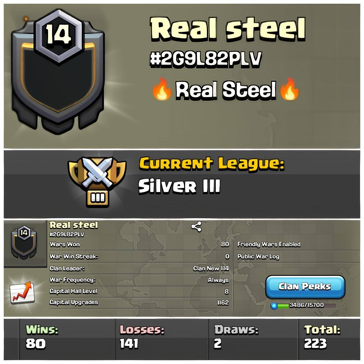 💥Real Steel💥Level 14💥Silver League 3💥Descent War log 💥Capital Hall 8💥English Name Clan💥Value For Money💥Fast Delivery