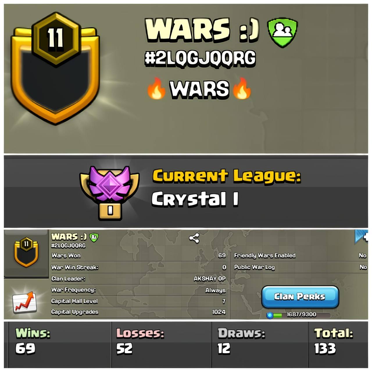 💥WARS💥Level 11💥Crystal League 1💥War log {69:52}💥Capital Hall 7💥Pure English Name💥Value For Money💥Fast Delivery