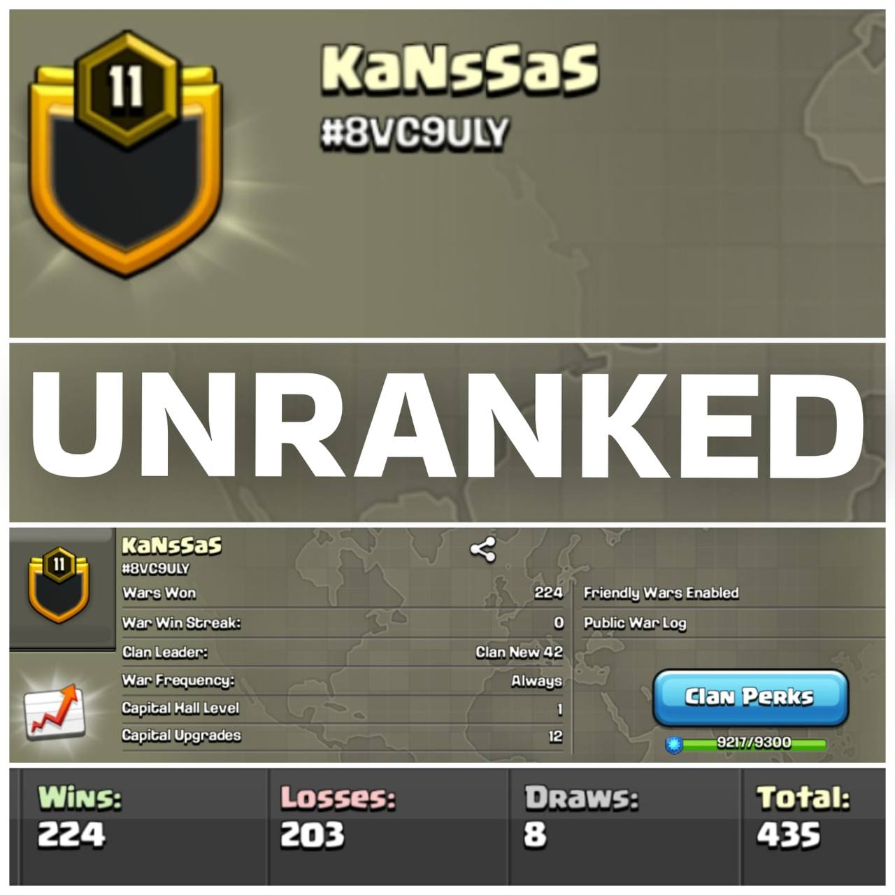 [Cheapest]💥Level 11 (Almost 12)💥Unranked Clan💥War log {224:203}💥Value For Money💥Fast Delivery