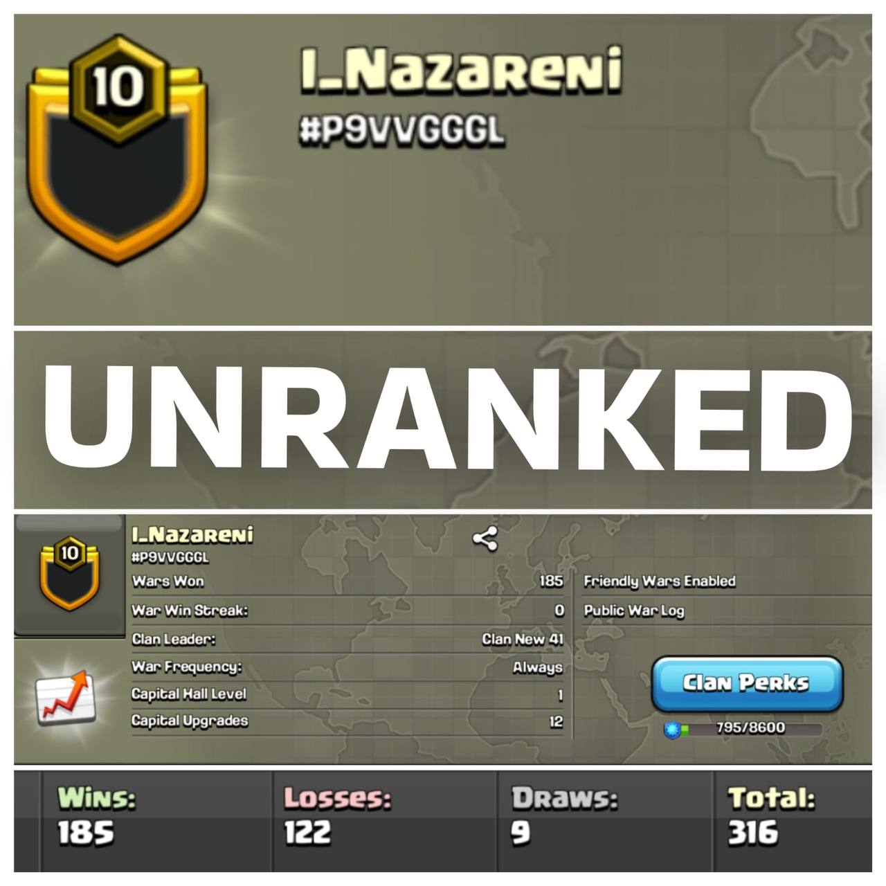 #Cheapest💥Level 10💥Unranked Clan💥War log {185:122}💥Value For Money💥Fast Delivery