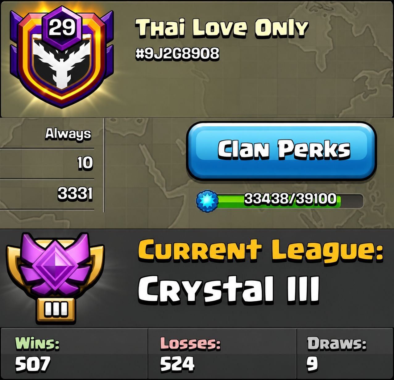 💥THai Love ONlY💥Level 29💥Crystal League 3💥Descent War log 💥Capital Hall 10💥Value For Money💥Fast Delivery