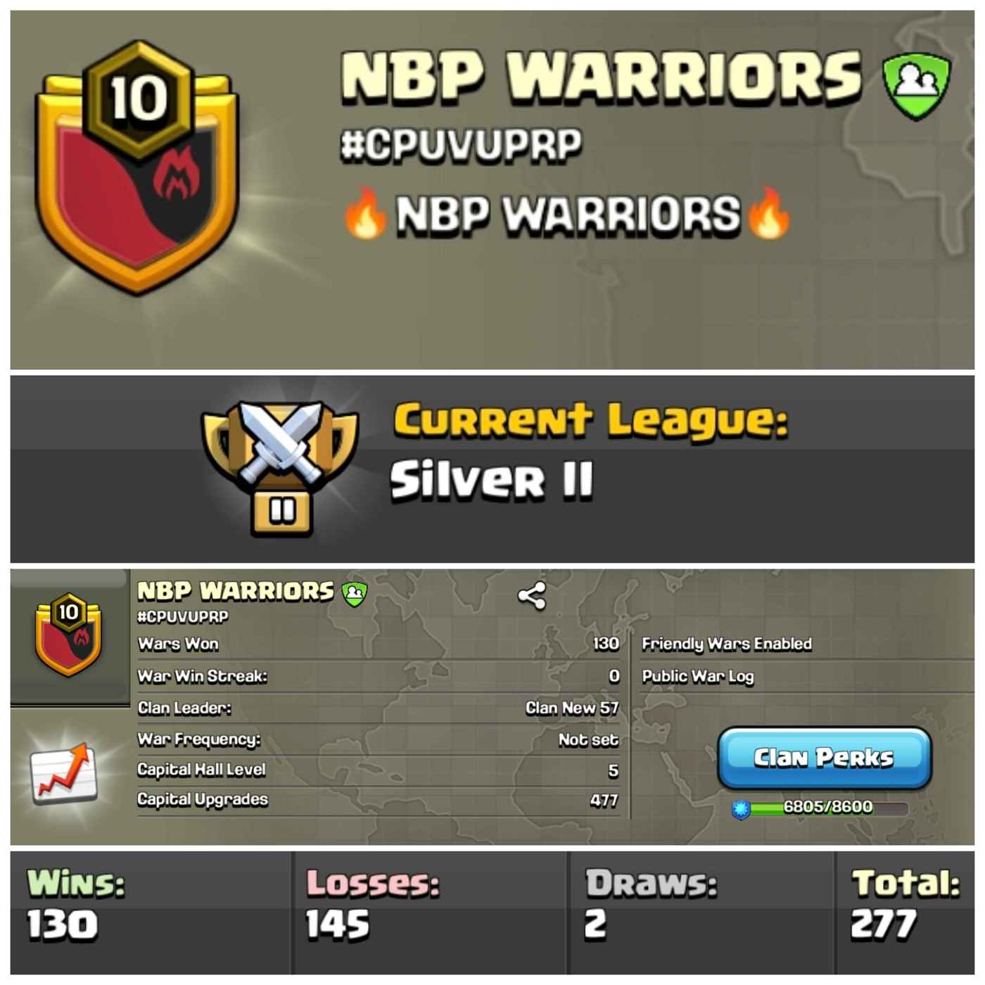 Lvl 10 Clan | Name - NBP WARRIORS | Silver League 2 | Wins 130 Losses 145 | Clan Capital 5 | Value for Money Deal!