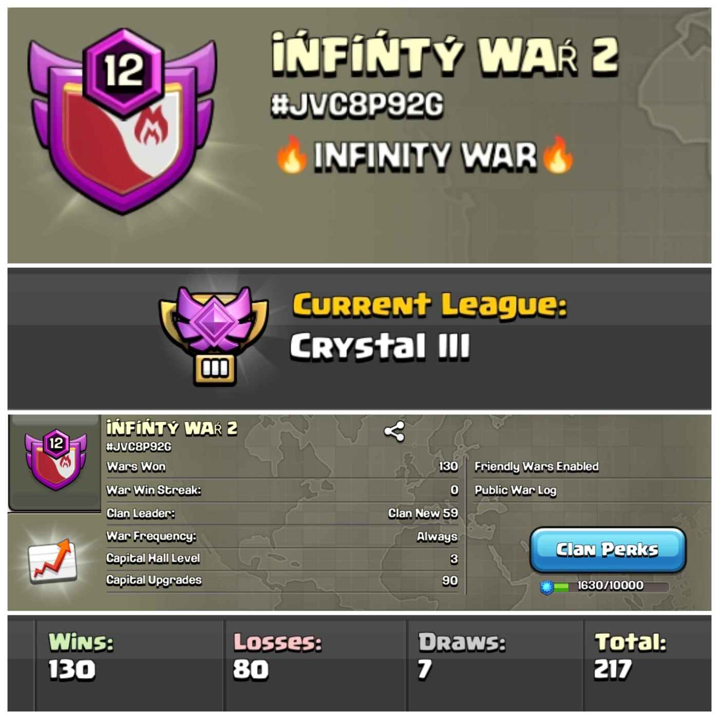 Lvl 12 Clan | Name - INFINITY WAR 2 | Crystal League 3 | Wins 130 Losses 80 | Clan Capital 3 | Value for Money Deal!