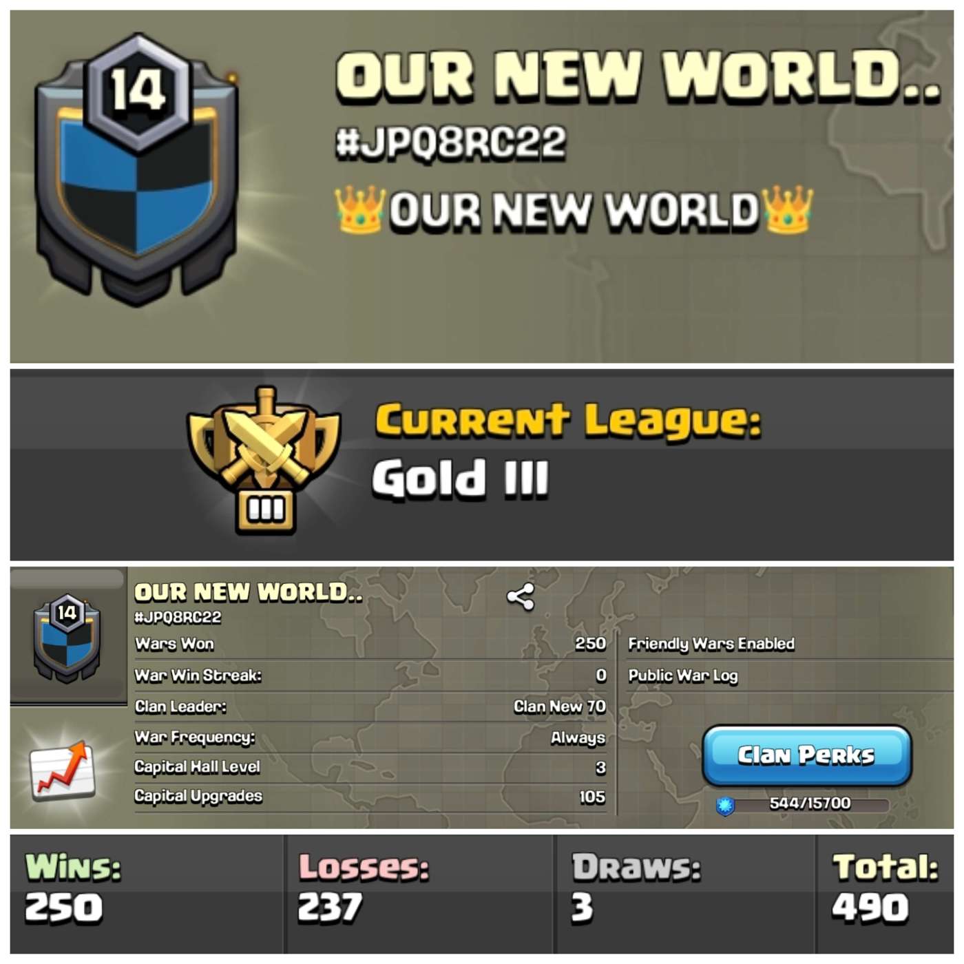 Lvl 14 Clan | Name - OUR NEW WORLD | Gold League 3 | Wins 250 Losses 237 | Clan Capital 3 | Value for Money Deal!