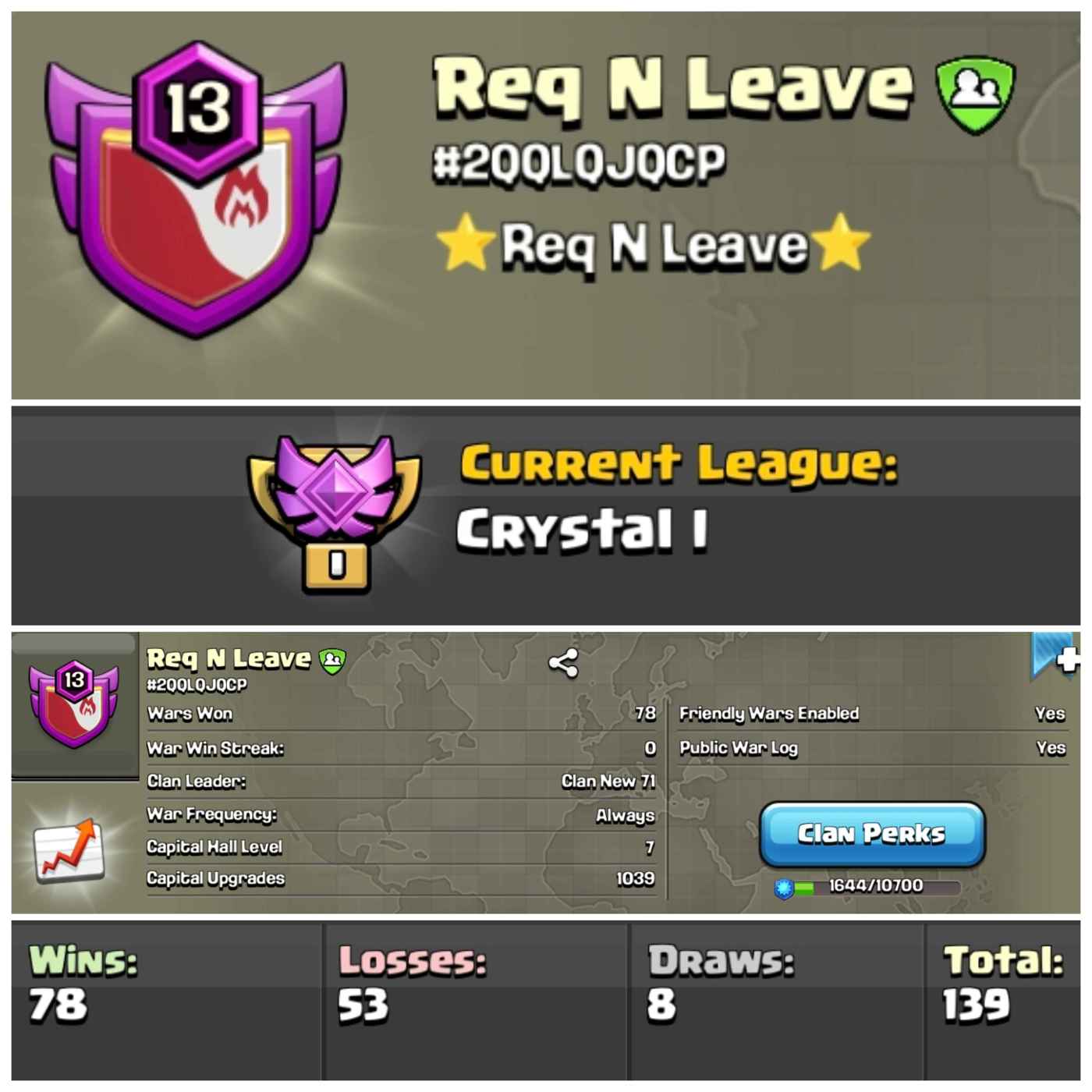 Perfect Name Req N Leave Lvl 13 Clan | Crystal League 1 | Wins 78 Losses 53 | Clan Capital 7 | Value for Money Deal!