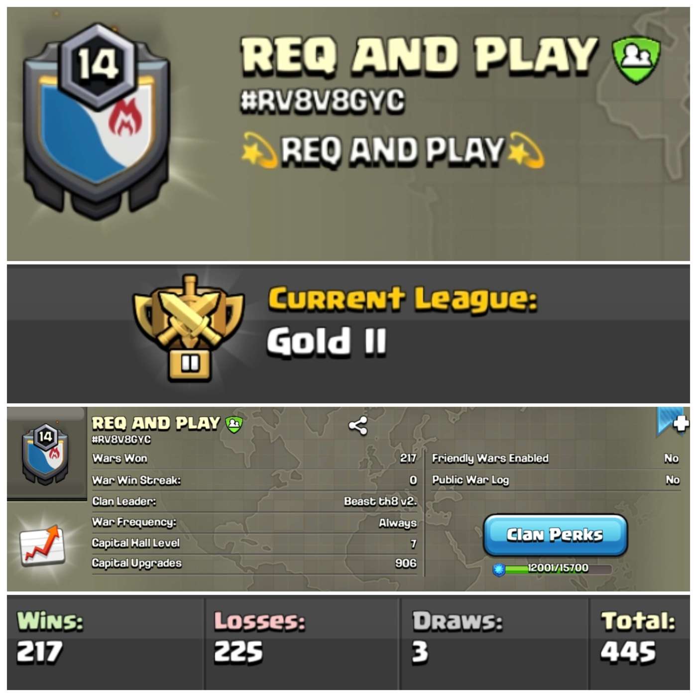 REQ AND PLAY | Lvl 14 Clan | Gold League 2 | Wins 217 Losses 225 | Clan Capital 7 | Value for Money Deal!