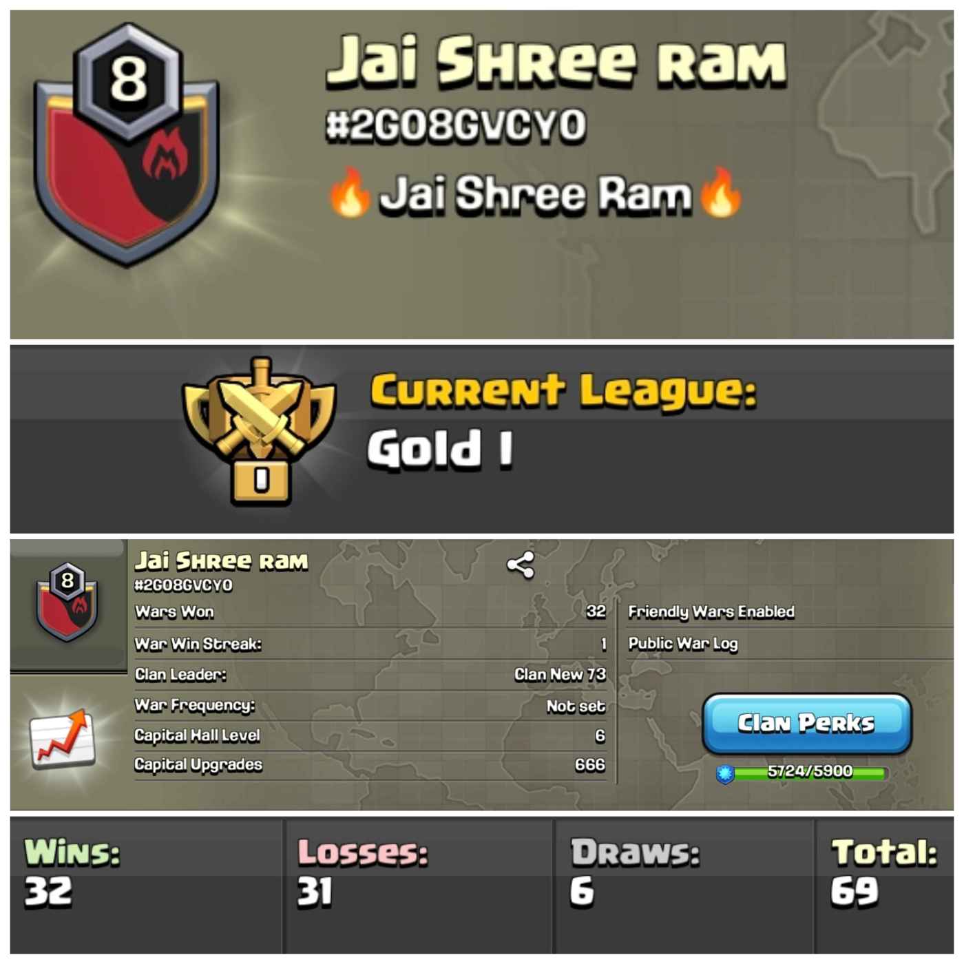Lvl 8 Clan | Name - Jai Shree Ram | Gold League 1 | Wins 32 Losses 31 | Clan Capital 6 | Value for Money Deal!