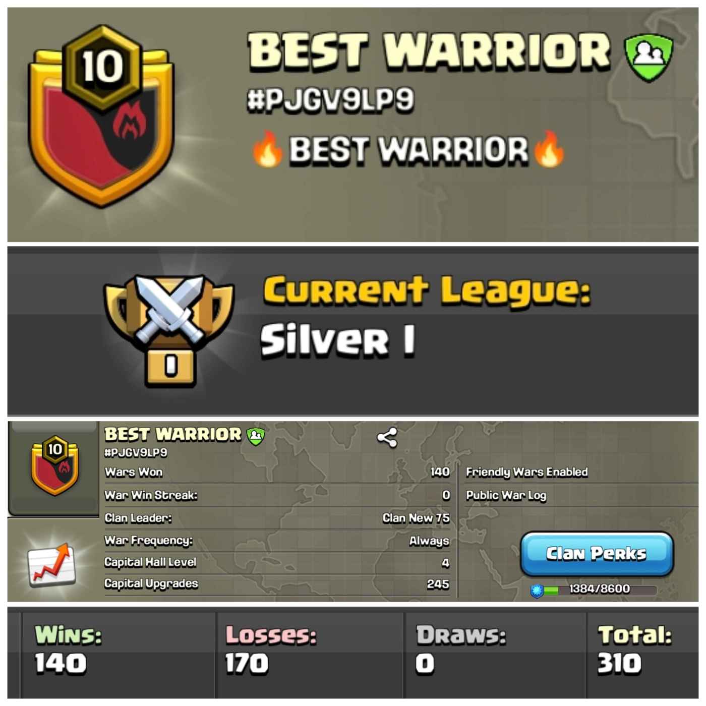 Lvl 10 Clan | Name - BEST WARRIOR | Silver League 1 | Wins 140 Losses 170 | Clan Capital 4 | Value for Money Deal!