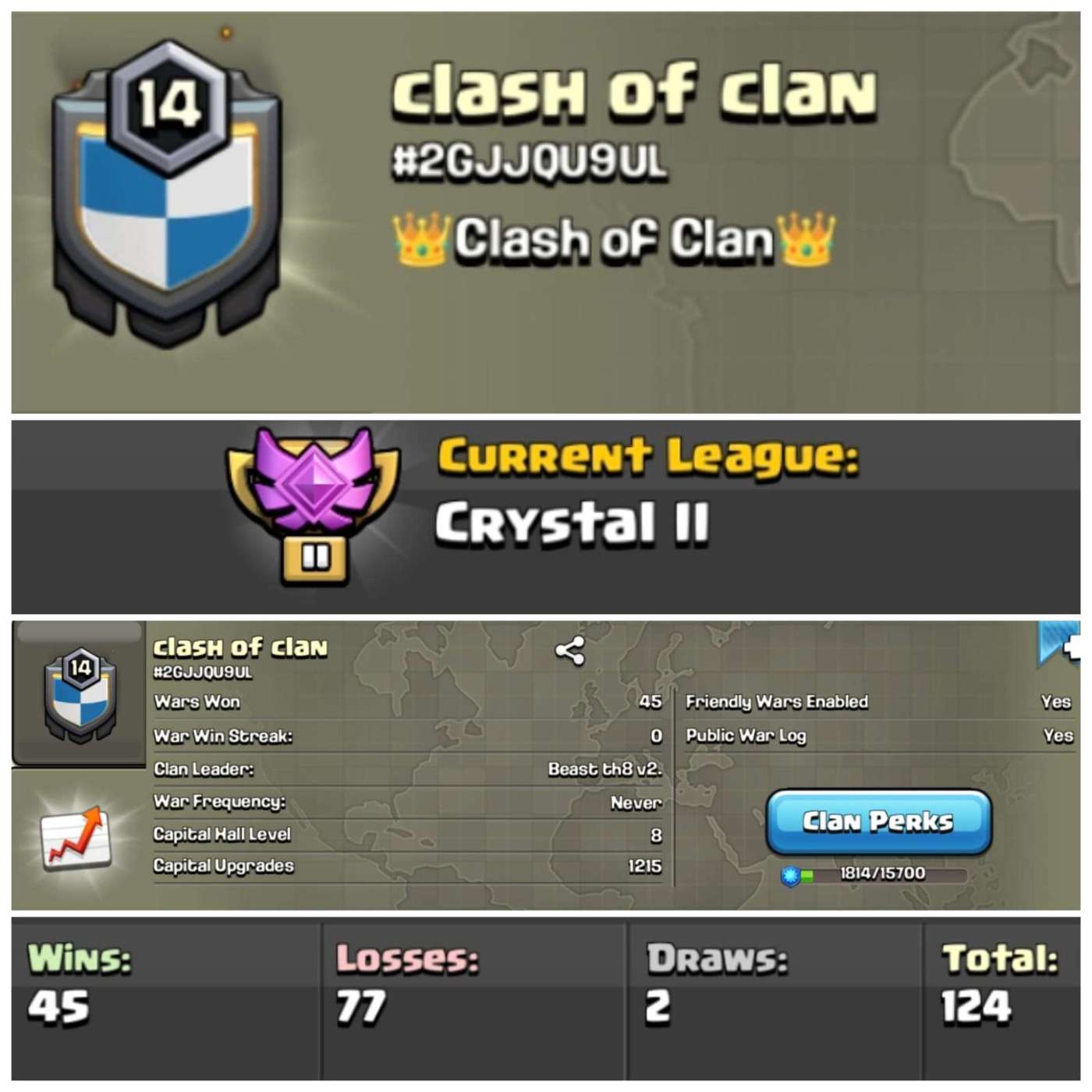 Lvl 14 Clan | Name - clash of clan | Crystal League 2 | Wins 45 Losses 77 | Clan Capital 8 | Value for Money Deal!
