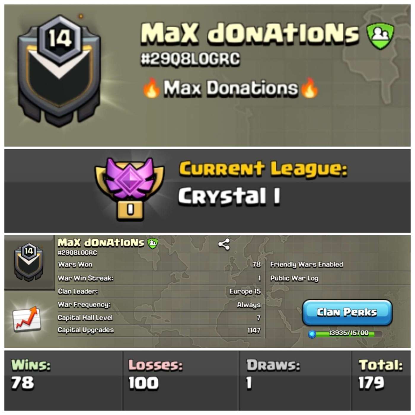 Lvl 14 Clan | Name - Max Donations | Crystal League 1 | Wins 78 Losses 100 | Clan Capital 7 | Value for Money Deal!