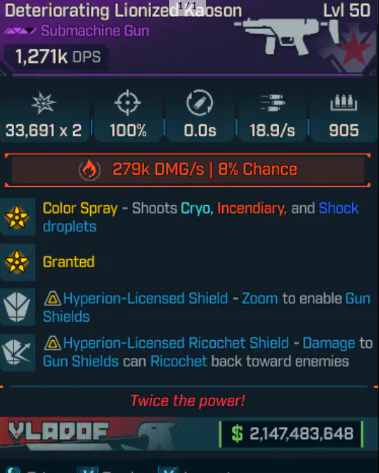 🎯 MODDED Weapons Deteriorating Lionized Kaoson 🔥 1.2M DPS 💀 SMG | PC/XBOX/PS5 🚀 Instant Delivery