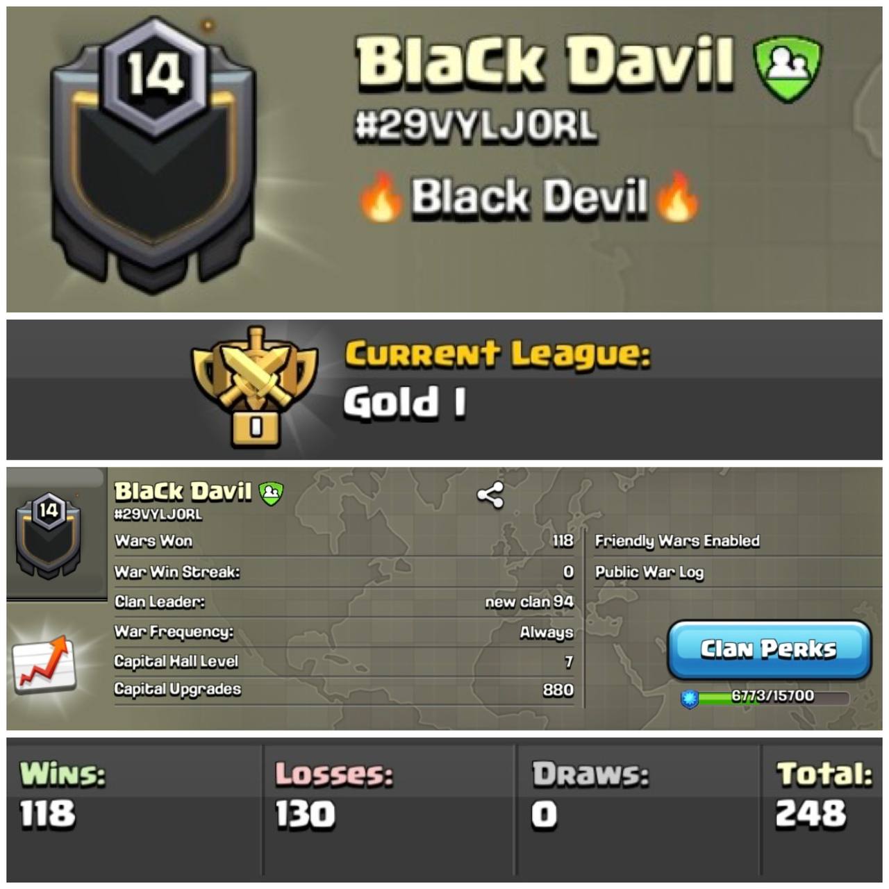 Lvl 14 Clan | Name - Black Davil | Gold League 1 | Wins 118 Losses 130 | Clan Capital 7 | Value for Money Deal!