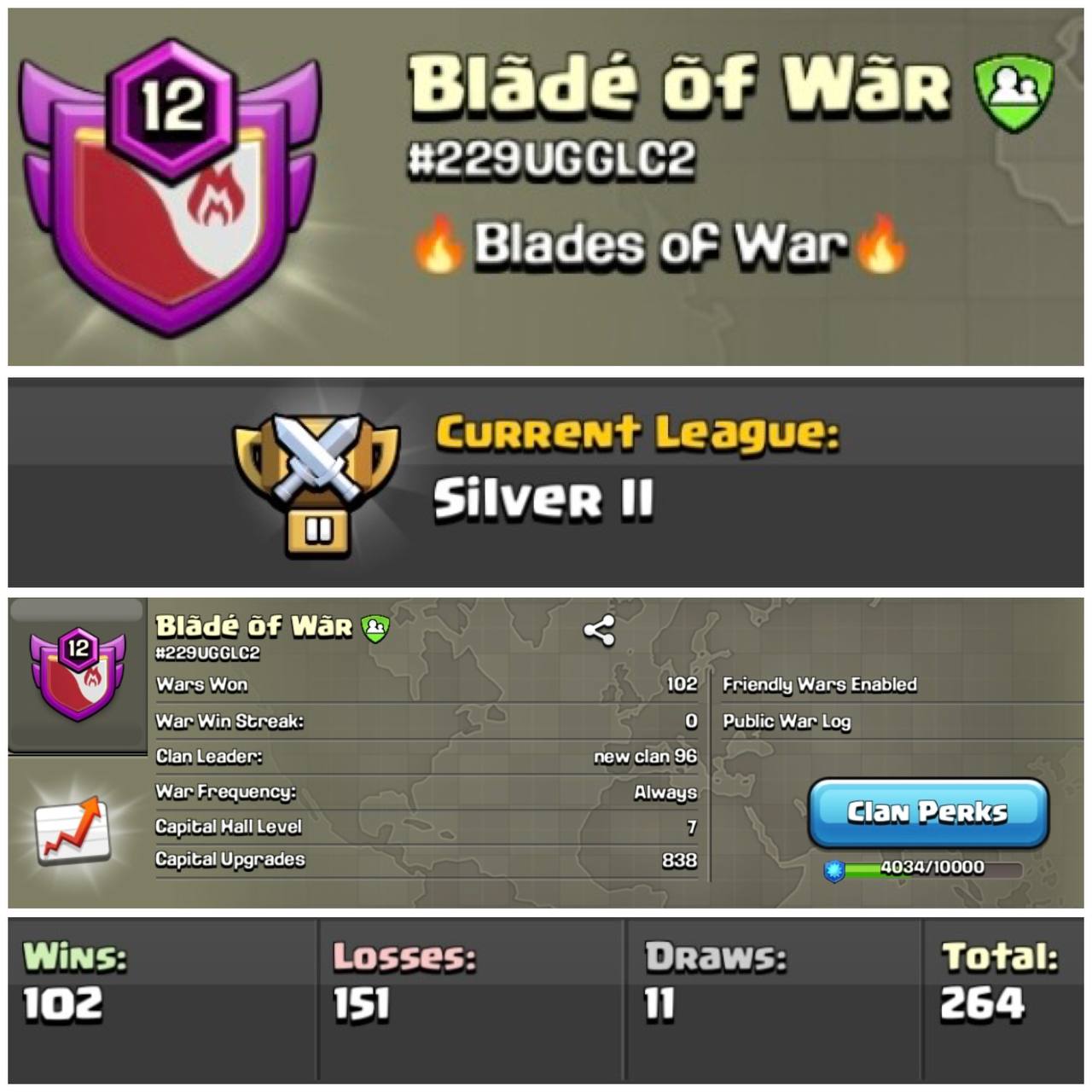 Lvl 12 Clan | Name - Blade of War | Silver League 2 | Wins 102 Losses 151 | Clan Capital 7 | Value for Money Deal!