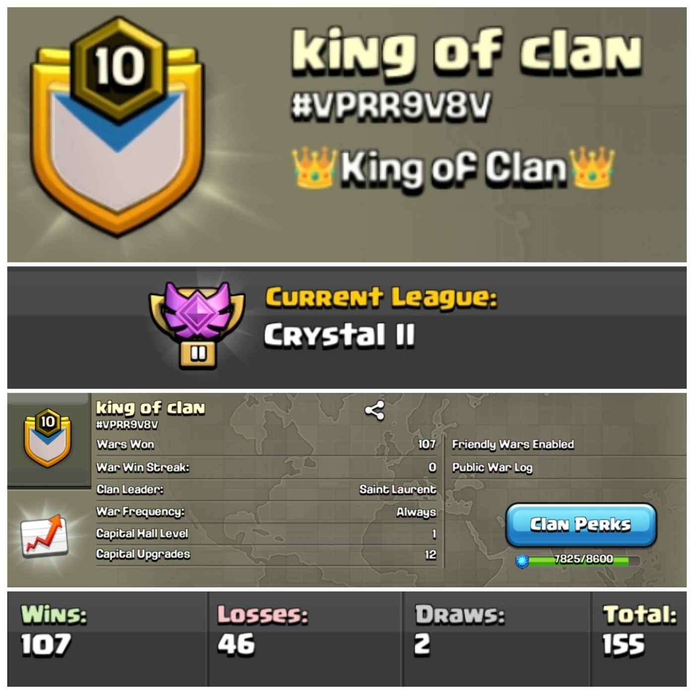 Lvl 10 Clan | Name - king of clan | Crystal League 2 | Wins 107 Losses 46 | Clan Capital 1 | Value for Money Deal!