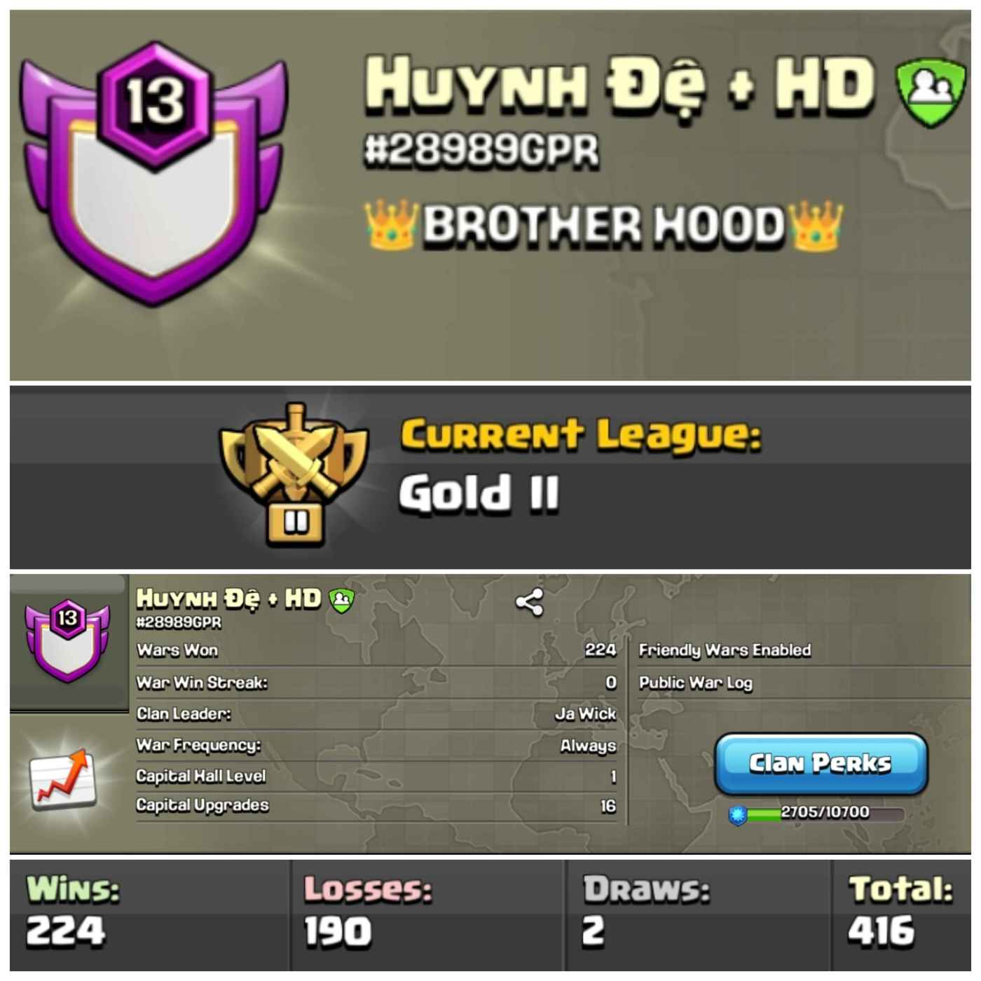 Lvl 13 Clan | Random Name | Gold League 2 | Wins 224 Losses 190 | Clan Capital 1 | Value for Money Deal!