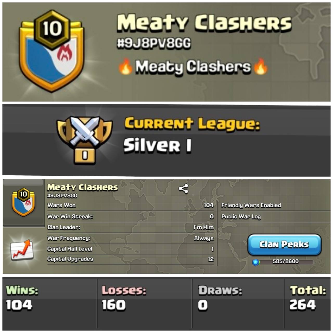 Meaty Clashers Lvl 10 Clan | Silver League 1 | Wins 104 Losses 160 | Clan Capital 1 | Value for Money Deal!