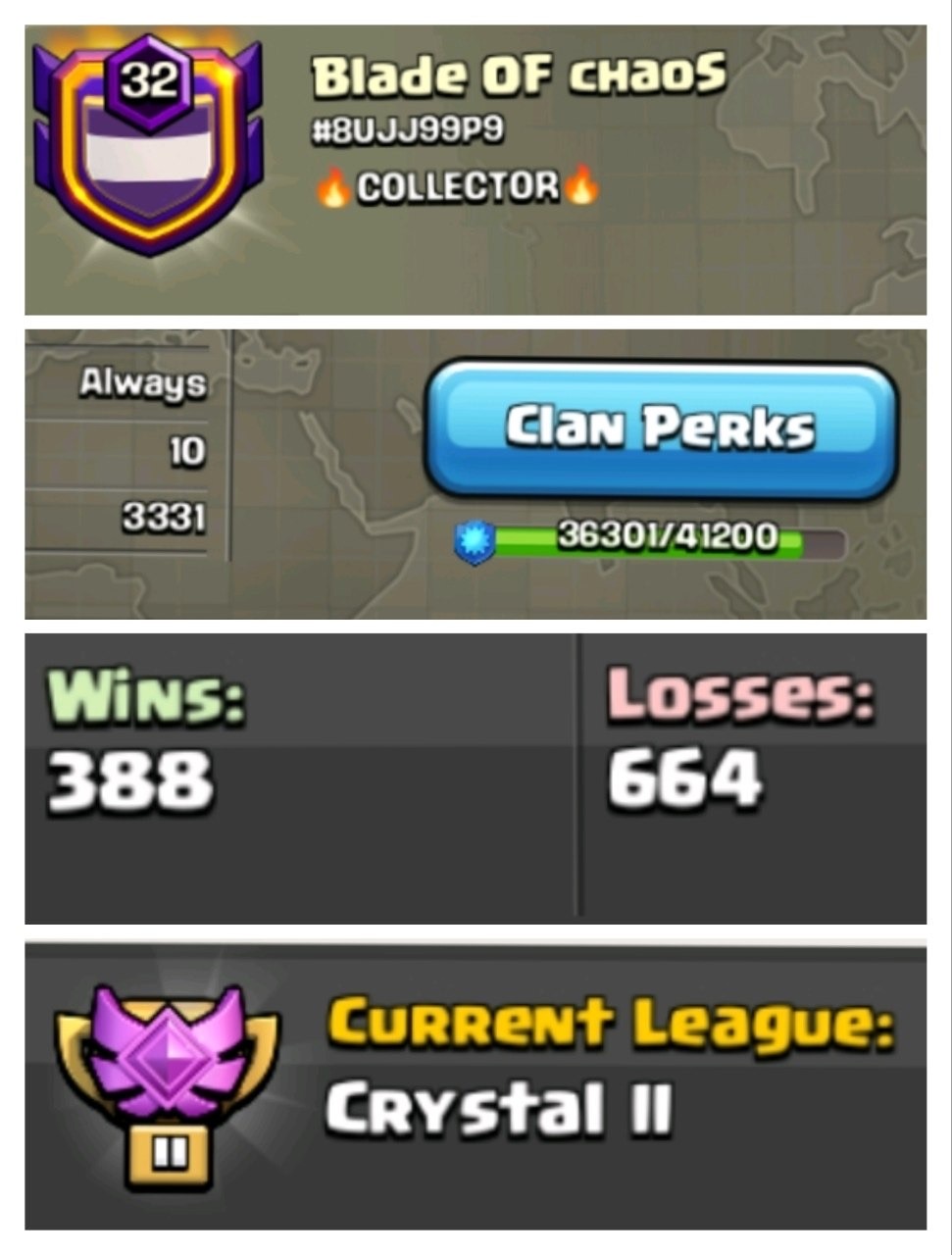 LEVEL 32.8 + CC : 10 || NAME : Blade of chaos || Crystal 2 || WARLOG , W-L-D-T : 388-664