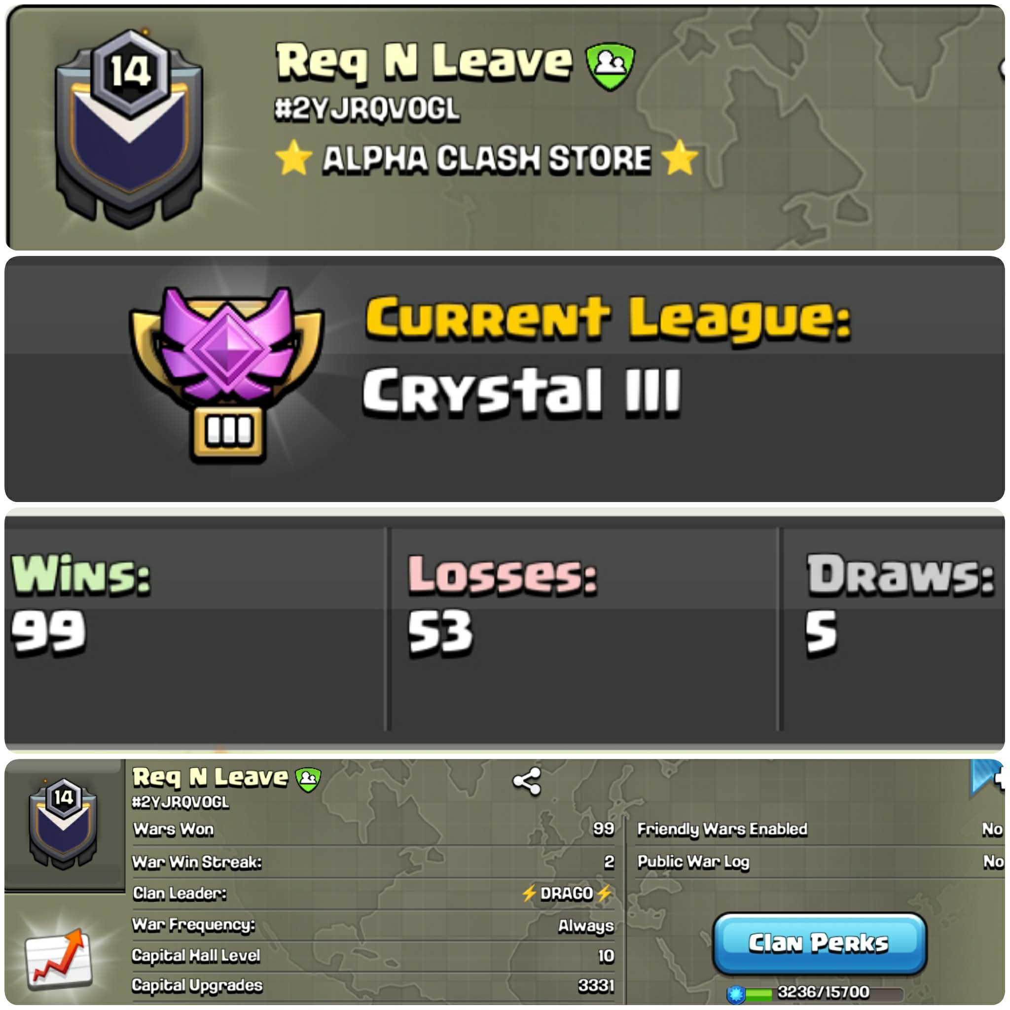CU-3331➤CLAN LEVEL 14 ➤CP MAX ➤CRYSTAL LEAGUE 3➤NAME: Req N Leave ➤ RARE ENGLISH NAME ➤ CLAN CAPITAL 10 || WIN- 99 | LOSS- 53 ➤LOW PRICE